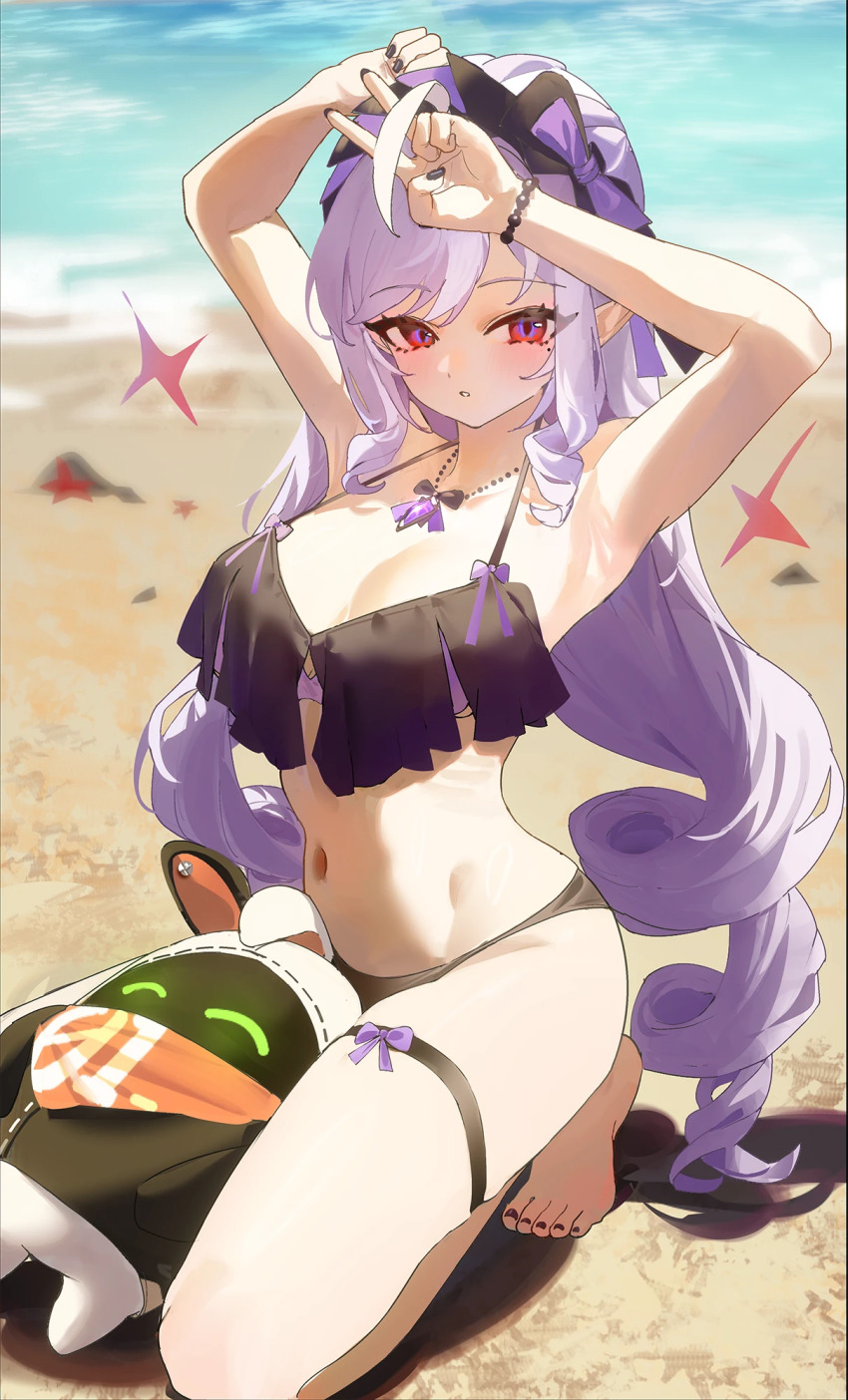 1girl alternate_costume armpits arms_up beach bikini black_bikini black_nails bracelet breasts day drill_hair eous_(zenless_zone_zero) gem hairband highres jewelry long_hair majo_(pastamajo) medium_breasts mole mole_under_eye multicolored_hair nail_polish navel necklace ocean parted_lips pointy_ears purple_gemstone purple_hair purple_hairband red_eyes shadow solo squatting stomach streaked_hair swimsuit thigh_strap toenail_polish toenails v vivian_banshee white_hair zenless_zone_zero