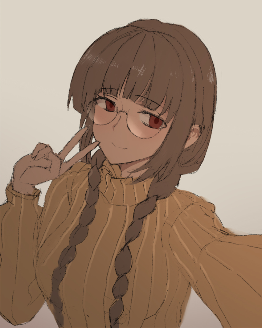 1girl blush braid brown_hair glasses highres jimiko looking_at_viewer original polki red_eyes ribbed_sweater round_eyewear selfie simple_background smile solo sweater turtleneck turtleneck_sweater twin_braids v white_background yellow_sweater