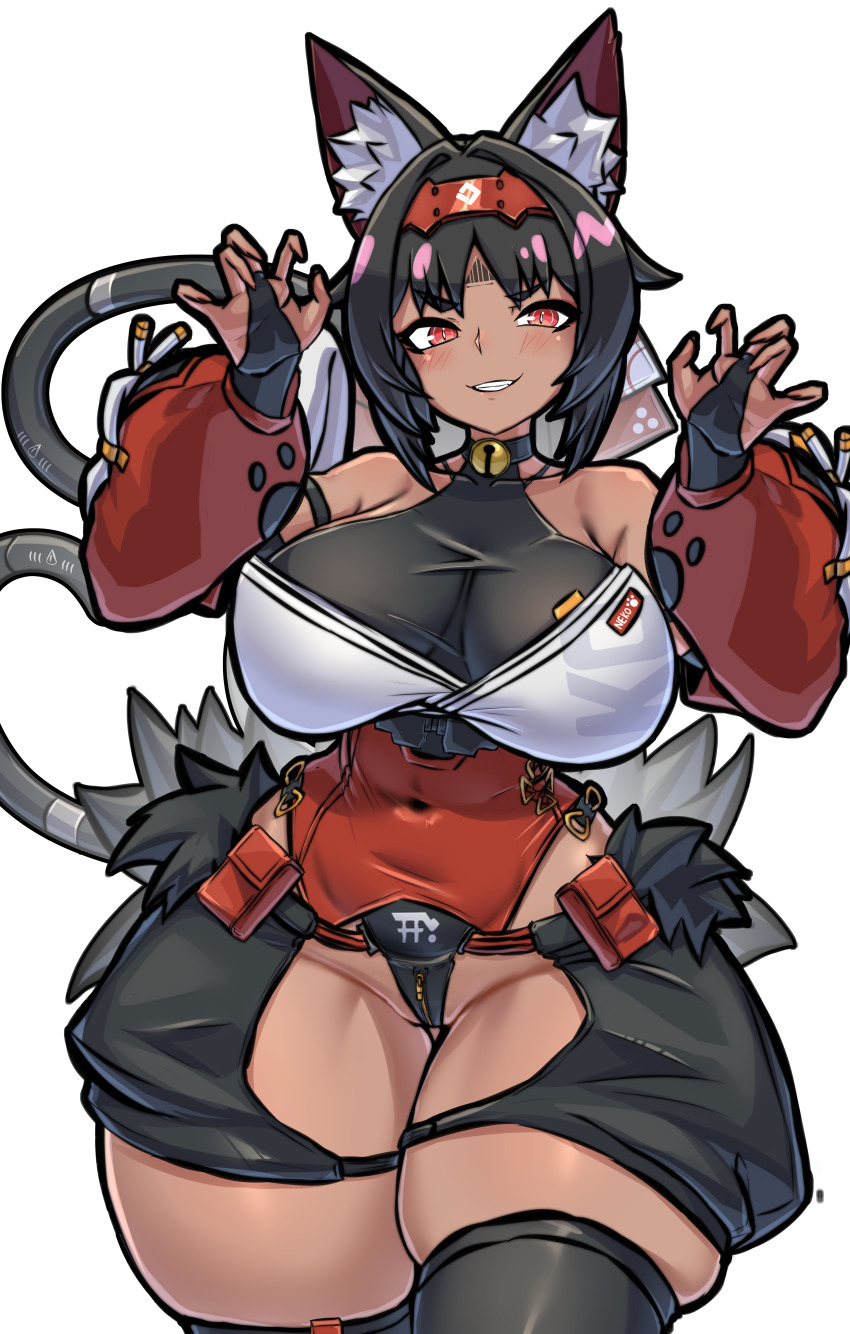 1girl absurdres alternate_breast_size animal_ear_fluff animal_ears barcode barcode_tattoo bare_shoulders bell black_gloves black_hair black_tail black_thighhighs breasts bridal_gauntlets cable cable_tail cat_ears cat_girl cat_tail corset covered_navel cowboy_shot cropped dark-skinned_female dark_skin detached_sleeves facial_mark forehead_mark forehead_tattoo full_body gloves grin hair_ribbon hairband highres large_breasts long_hair long_sleeves looking_at_viewer mechanical_tail mold_(pixiv6616319) multiple_tails neck_bell nekomiya_mana red_corset red_eyes red_hairband red_ribbon red_sleeves ribbon shorts simple_background skindentation smile solo standing standing_on_one_leg tail tattoo thick_thighs thighhighs thighs two_tails white_background zenless_zone_zero