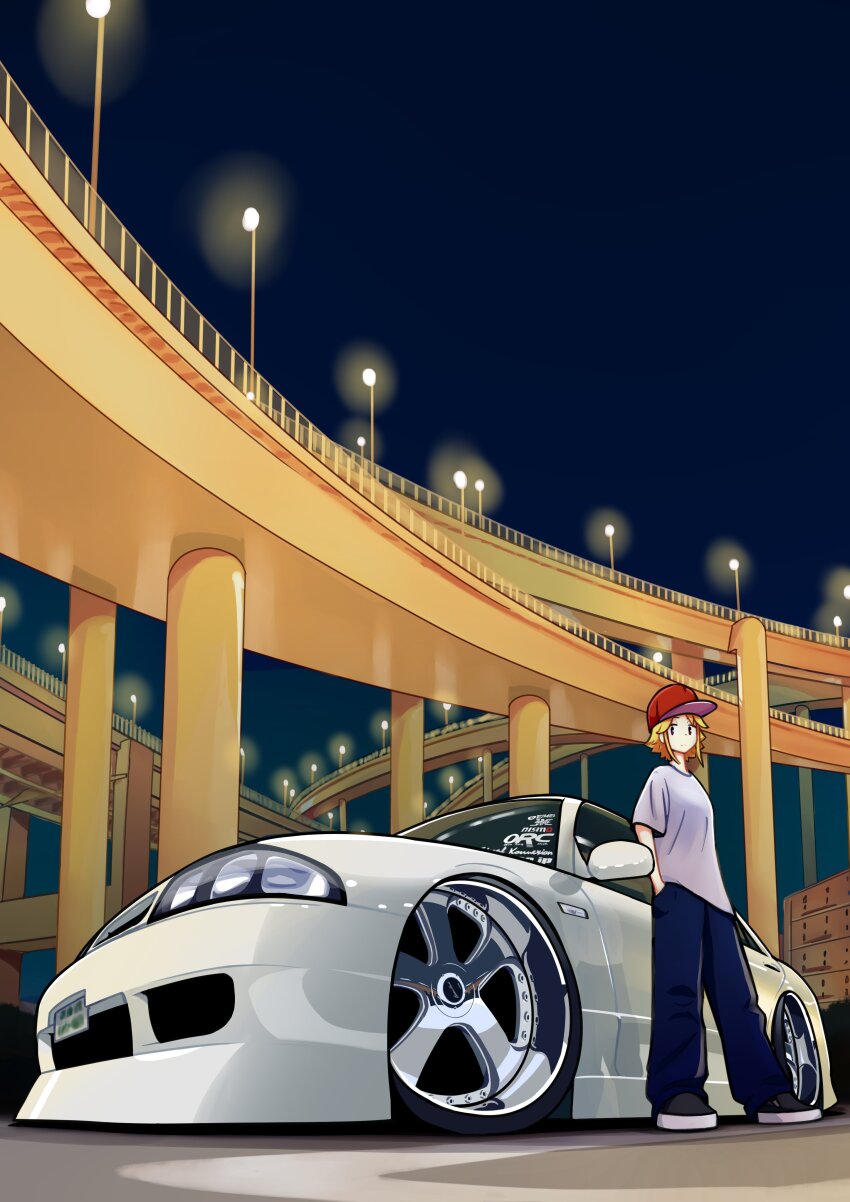 1girl absurdres baseball_cap black_shoes blue_jacket bridge brown_eyes car daikoku_parking_area duz glowing hand_in_pocket hat highres jacket license_plate looking_to_the_side motor_vehicle night nissan nissan_skyline nissan_skyline_r33 original red_hat shadow shirt shoes sneakers solo vehicle_focus white_shirt