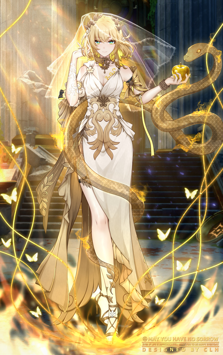 1girl absurdres aglaea_(honkai:_star_rail) apple blonde_hair breast_tattoo breasts bridal_veil chinese_commentary cleavage commentary_request dress food fruit golden_apple green_eyes highres holding holding_food holding_fruit honkai:_star_rail honkai_(series) juran_faxian_wole large_breasts sandals see-through_clothes see-through_veil short_hair snake stairs tattoo thread veil white_dress yellow_nails