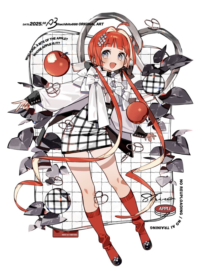 1girl 2025 absurdres ahoge apple black_bow black_sleeve_cuffs blunt_bangs blush bow buttons checkered_clothes dated dress food fruit full_body grey_eyes hachihito hair_bow hair_intakes hair_ornament highres jacket kneehighs leaf long_hair long_sleeves multicolored_hair open_clothes open_jacket open_mouth original pretzel red_hair red_nails red_socks short_dress signature smile socks solo standing tight_clothes tight_dress twintails twitter_username two-tone_hair very_long_hair white_bow