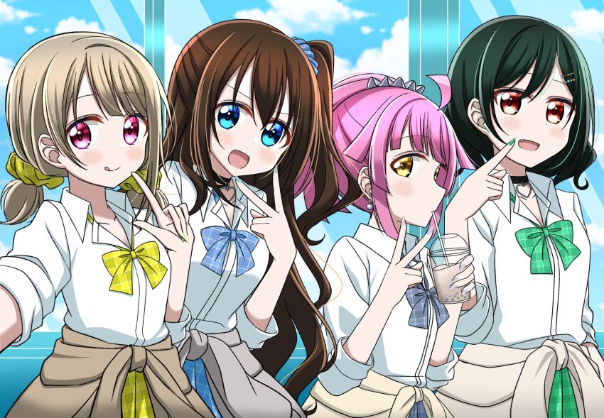 4girls :d :q ahoge black_choker blue_bow blue_bowtie blue_scrunchie blue_skirt blue_sky blush bow bowtie breasts brown_cardigan bubble_tea cardigan cardigan_around_waist choker closed_mouth clothes_around_waist cloud collarbone commentary_request cup day drinking drinking_straw drinking_straw_in_mouth fang finger_gun green_bow green_bowtie green_hair green_skirt grey_bow grey_bowtie grey_cardigan grey_skirt gyaru hair_ornament hair_scrunchie heart heart_choker highres holding holding_cup hot_heartlove index_finger_raised indoors inward_v kishimen_hair kogal looking_at_viewer loose_bowtie love_live! love_live!_nijigasaki_high_school_idol_club low_twintails medium_breasts medium_hair mifune_shioriko multiple_girls nakasu_kasumi official_alternate_costume open_mouth orange_eyes osaka_shizuku pink_hair plaid_bow plaid_bowtie plaid_clothes plaid_scrunchie plaid_skirt pleated_skirt ponytail profile scrunchie short_hair short_twintails sidelocks skirt sky small_breasts smile tennoji_rina tongue tongue_out twintails v window yellow_bow yellow_bowtie yellow_cardigan yellow_eyes yellow_scrunchie yellow_skirt