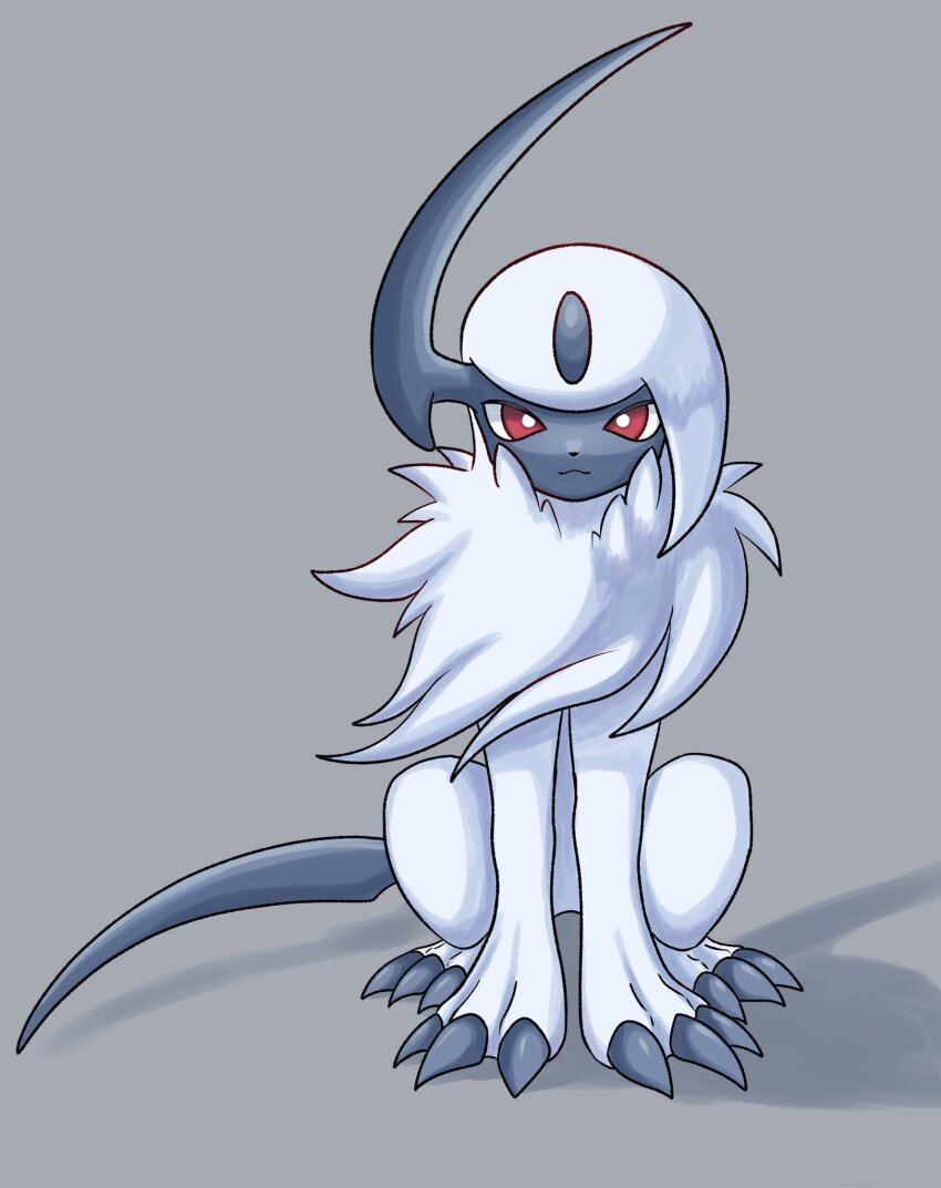 absol claws closed_mouth forehead_jewel gen_3_pokemon grey_background highres horns nintendo pokemon pokemon_(creature) simple_background single_horn sitting smile soruva_359 white_hair