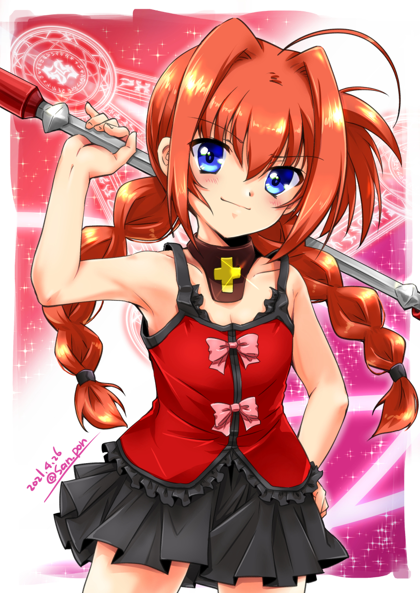 1girl absurdres ahoge armpit_peek artist_name bare_shoulders black_skirt blue_eyes blush braid breasts cleavage closed_mouth collarbone dated graf_eisen hair_between_eyes hand_on_own_hip highres long_hair looking_at_viewer lyrical_nanoha mahou_shoujo_lyrical_nanoha mahou_shoujo_lyrical_nanoha_a&#039;s mahou_shoujo_lyrical_nanoha_strikers miniskirt red_hair san-pon skirt small_breasts smile solo standing twin_braids twintails vita_(nanoha)