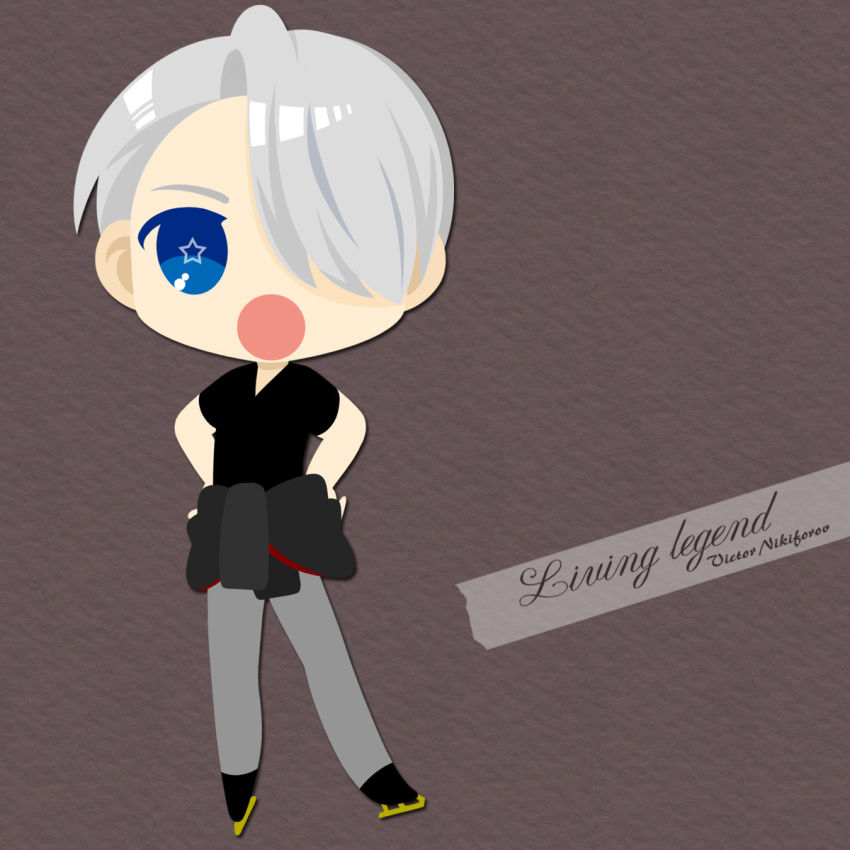 1boy :o blue_eyes character_name clothes_around_waist english_text hair_over_one_eye hands_on_own_hips highres ice_skates kaorin_minogue male_focus open_mouth silver_hair skates star-shaped_pupils star_(symbol) symbol-shaped_pupils viktor_nikiforov yuri!!!_on_ice