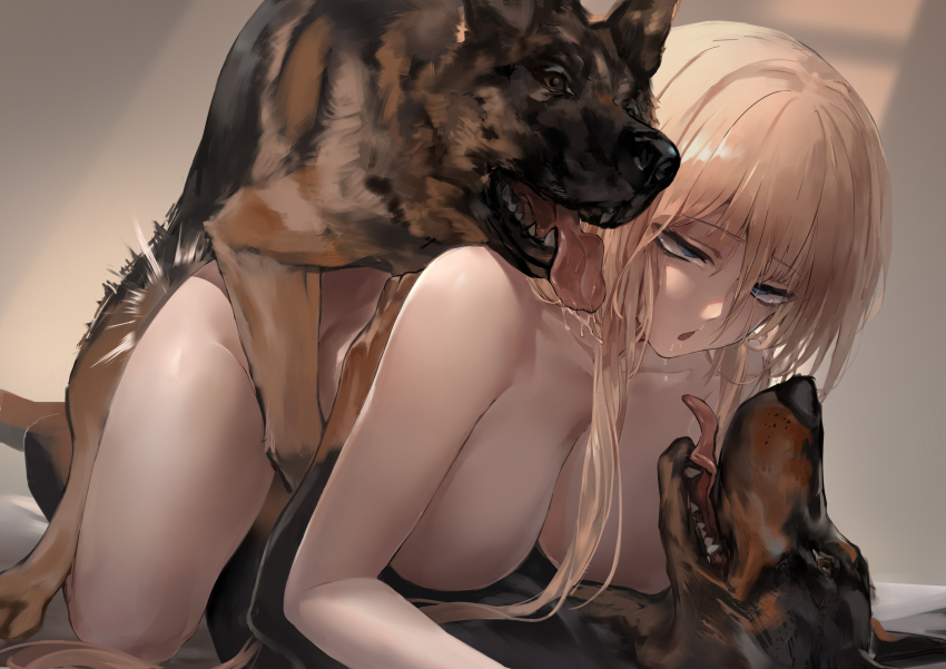 1girl absurdres all_fours azur_lane bestiality bismarck_(azur_lane) blonde_hair breasts dog doggystyle double_penetration group_sex highres large_breasts medium_breasts mmf_threesome nude polki sex sex_from_behind threesome
