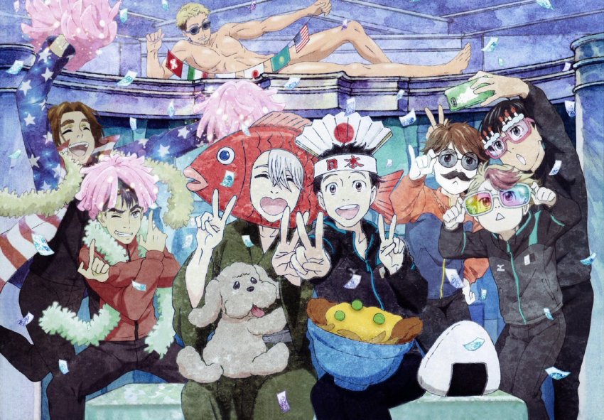 10s 6+boys :&lt; :d ^_^ artist_request black_hair black_male_swimwear black_swim_briefs blonde_hair blue_eyes brown_eyes brown_hair cellphone christophe_giacometti closed_eyes confetti dog double_v facial_hair fake_facial_hair fake_mustache fish folding_fan grey_eyes grin hand_fan it&#039;s_j.j._style! itou_noriko jacket jean-jacques_leroy ji_guang-hong katsuki_yuuri leo_de_la_iglesia lying makkachin male_focus male_swimwear minami_kenjirou multicolored_hair multiple_boys non-web_source official_art on_side one_eye_closed open_mouth phichit_chulanont phone pom_pom_(cheerleading) red_hair selfie silver_hair smartphone smile string_of_flags sunglasses swim_briefs swimsuit tongue tongue_out track_jacket v viktor_nikiforov yuri!!!_on_ice