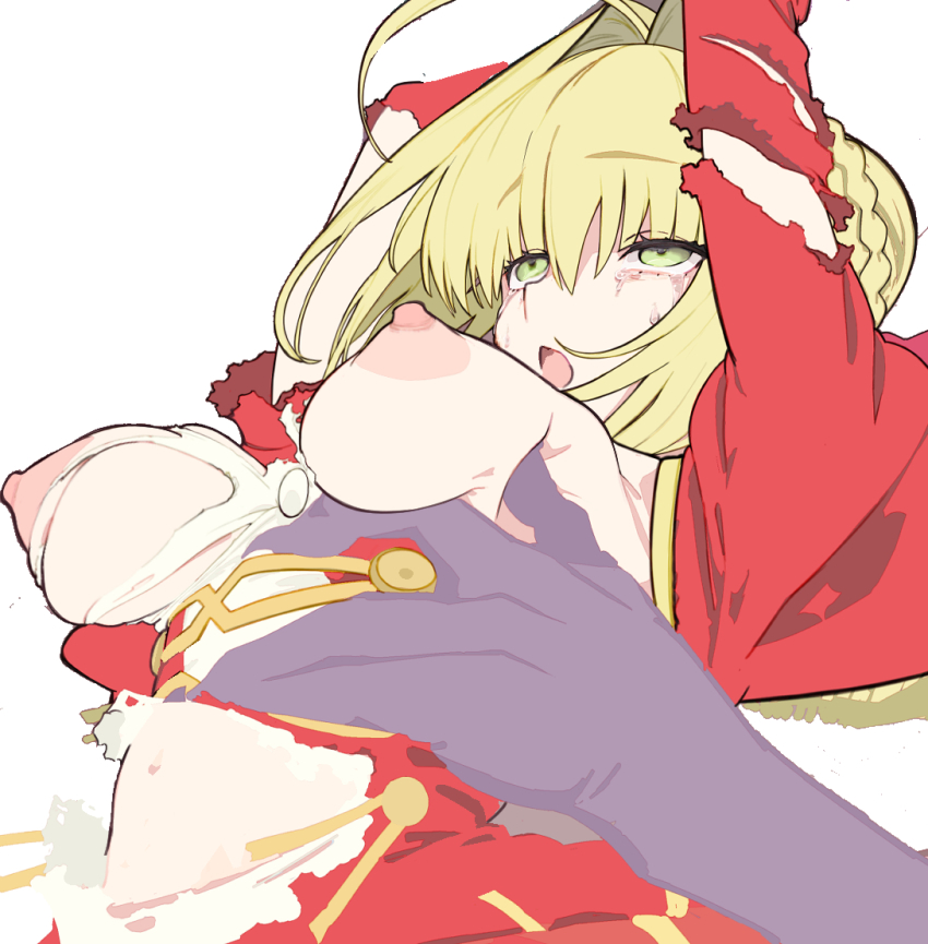 1boy 1girl ahoge arms_up blonde_hair braid breasts breasts_out dress epaulettes fate/extra fate_(series) french_braid grabbing_another&#039;s_breast green_eyes groping hair_bun hair_intakes hair_ribbon juliet_sleeves large_breasts long_hair long_sleeves nero_claudius_(fate) nero_claudius_(fate/extra) nipples puffy_sleeves red_dress red_ribbon ribbon single_hair_bun tears torn_clothes wr_(karakusa_senbei)
