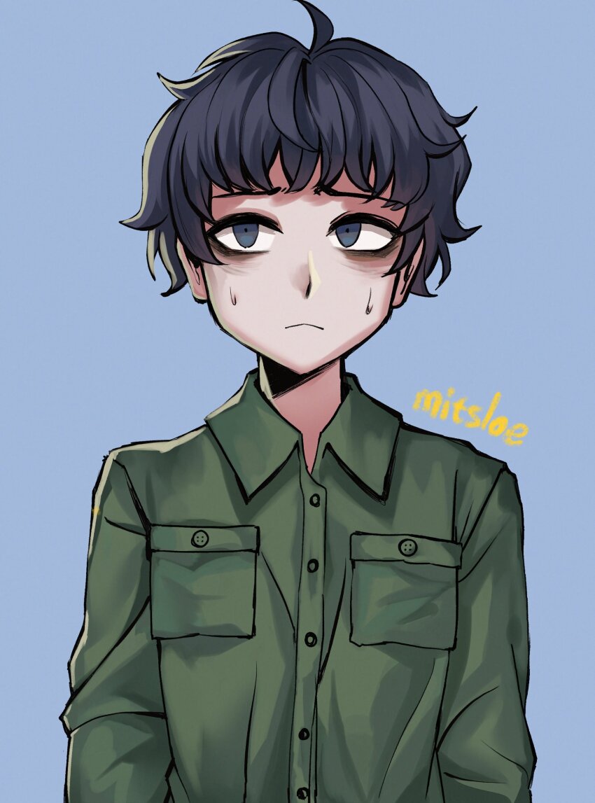 1boy alternate_sleeve_length artist_name bags_under_eyes black_eyes black_hair blue_background breast_pocket closed_mouth commentary english_commentary facing_viewer fear_&amp;_hunger_(series) fear_&amp;_hunger_2:_termina green_jumpsuit highres jumpsuit levi_(fear_&amp;_hunger) pocket sakimitsloe short_hair simple_background solo sweat upper_body
