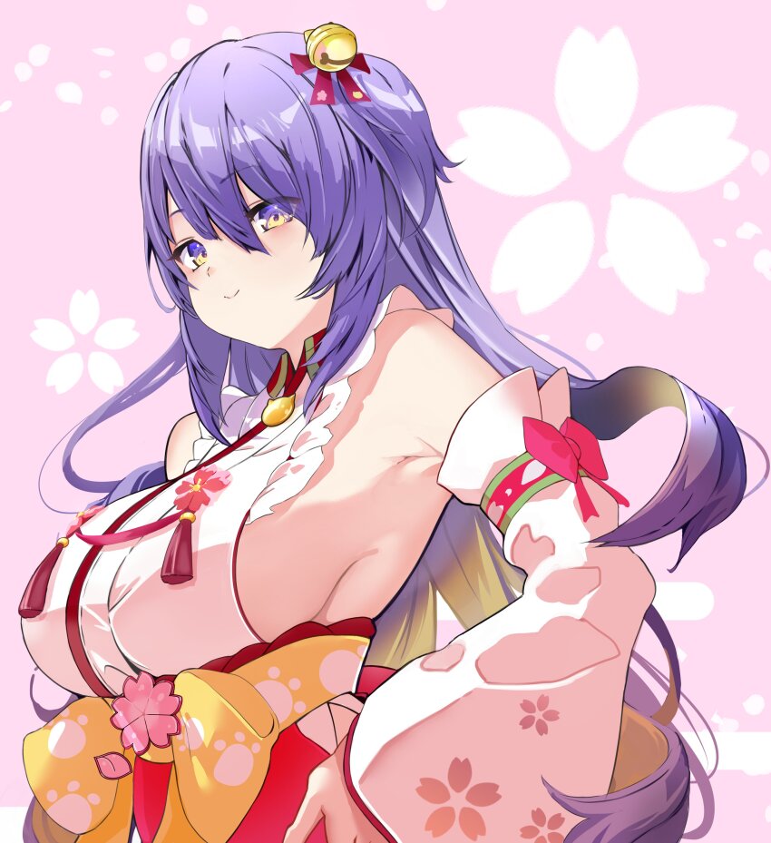 1girl absurdres bare_shoulders blonde_hair blush breasts cherry_blossom_print closed_mouth colored_inner_hair commentary commission cosplay detached_sleeves english_commentary floral_background floral_print frilled_kimono frills gradient_eyes gradient_hair hair_between_eyes hakama hakama_skirt hands_on_own_hips highres hip_vent hololive hololive_indonesia japanese_clothes kimono large_breasts long_hair looking_at_viewer moona_hoshinova multicolored_eyes multicolored_hair no_bra nontraditional_miko pink_background purple_eyes purple_hair qiandao_you red_skirt sailor_moon sailor_moon_(cosplay) sakura_miko sakura_miko_(1st_costume) sash second-party_source sideboob sideless_kimono skeb_commission skirt sleeveless sleeveless_kimono smile solo two-tone_hair upper_body virtual_youtuber white_sleeves wide_sleeves yellow_eyes yellow_sash