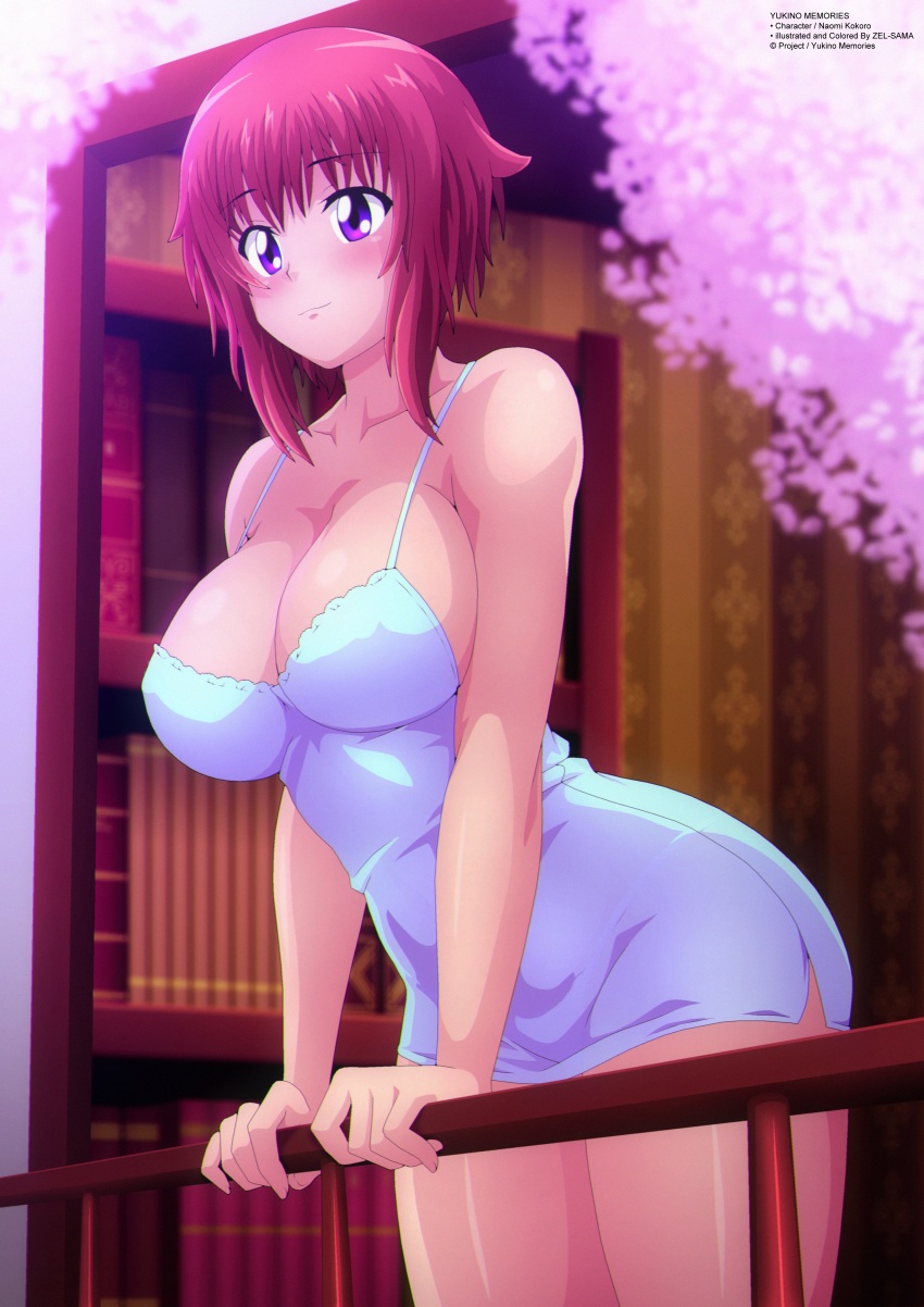1girl absurdres arm_support balcony blue_dress blush book bookshelf breasts cherry_blossoms cleavage collarbone dress highres large_breasts leaning_forward naomi_kokoro purple_eyes red_hair short_hair sleeveless sleeveless_dress smile standing yukino_memories zel-sama