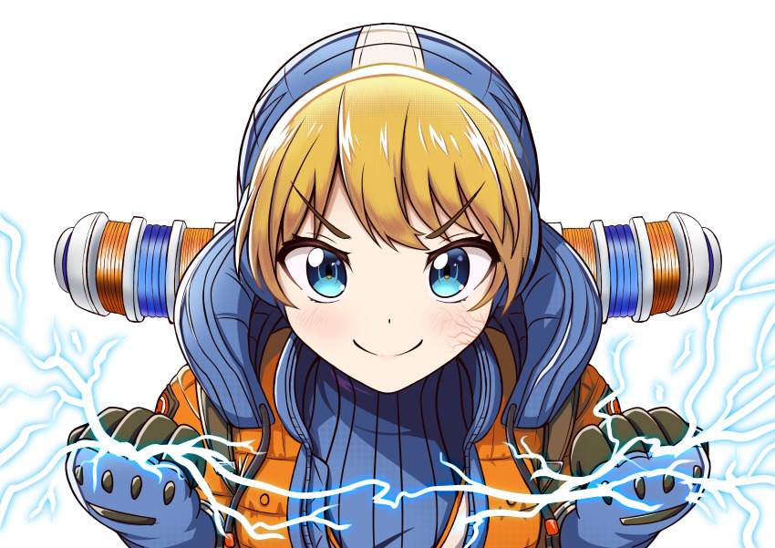 1girl absurdres animification apex_legends blonde_hair blue_bodysuit blue_gloves blush bodysuit clenched_hands commentary electricity english_commentary facial_scar gloves highres jacket noredji orange_jacket portrait ribbed_bodysuit scar scar_on_cheek scar_on_face smile solo transparent_background v-shaped_eyebrows wattson_(apex_legends)