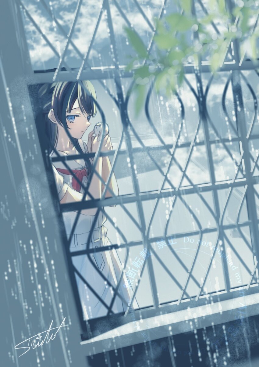 1girl artist_name black_hair blue_eyes character_doll doll dress from_outside half_updo hasu_no_sora_school_uniform highres holding holding_doll link!_like!_love_live! long_hair looking_at_viewer love_live! murano_sayaka neckerchief raised_inner_eyebrows red_neckerchief sailor_collar sailor_dress school_uniform signature solo suito summer_uniform teruterubouzu virtual_youtuber watermark white_dress white_sailor_collar yugiri_tsuzuri