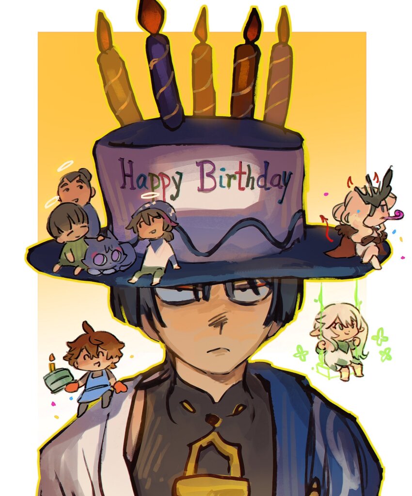 2girls 4boys 6_9 ahoge alternate_headwear animalization apron arm_at_side arm_support black_bodysuit black_eyes black_hair blonde_hair blue_apron blue_cape blue_hat blunt_ends bodysuit border brown_hair cake candle candlelight cape cloak closed_eyes closed_mouth constricted_pupils dark-skinned_male dark_skin demon_horns demon_tail drawn_horns drawn_tail dress eyeliner eyeshadow fenkko flower_swing food fur_collar genshin_impact green_eyes green_hair green_kimono half_mask halo hat headscarf highres holding holding_food horns japanese_clothes jitome katsuragi_(genshin_impact) kimono long_hair long_sidelocks looking_at_viewer looking_to_the_side low_ponytail makeup mandarin_collar mask mini_person multiple_boys multiple_girls nahida_(genshin_impact) niwa_(genshin_impact) on_swing open_clothes open_kimono open_mouth oven_mitts party_horn person_and_animalization pillarboxed pointy_ears ponytail portrait purple_cat red_cloak red_eyeliner red_eyeshadow sanpaku scaramouche&#039;s_sickly_friend_(genshin_impact) scaramouche_(cat)_(genshin_impact) scaramouche_(genshin_impact) shoulder_peek side_ponytail sidelocks signora_(genshin_impact) single_sidelock swing tail tartaglia_(genshin_impact) top_hat topknot wanderer_(genshin_impact) white_border white_dress white_hair white_halo white_kimono white_sleeves white_trim wide_brim yellow_background