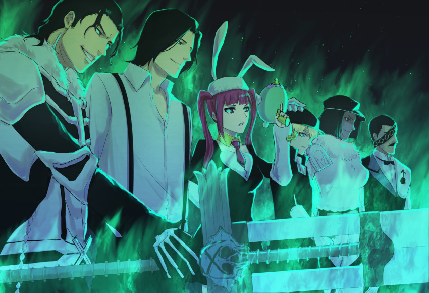 2023 2girls 4boys animal_ears aura black_eyes black_hair black_hat black_jacket bleach blonde_hair blunt_bangs brown_eyes closed_mouth collared_shirt commentary_request dark-skinned_female dark_skin dated_commentary dokugamine_riruka eyepatch fake_animal_ears fighting_stance frown ginjou_kuugo green_eyes grin gun hand_up hat highres holding holding_gun holding_sword holding_weapon jacket jackie_tristan kutsuzawa_giriko light_particles long_hair long_sleeves looking_afar multiple_boys multiple_girls navinavinavia necktie parted_bangs peaked_cap profile rabbit_ears red_eyes red_hair red_necktie shirt short_hair short_necktie side-by-side skeleton_print skull_ornament smile straight_hair suspenders sword tsukishima_shuukurou twintails upper_body weapon white_hat white_shirt yukio_hans_vorarlberna