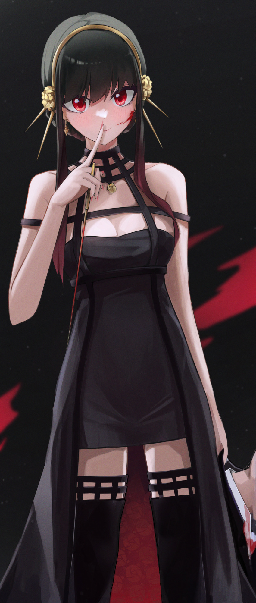 1girl 1other absurdres bare_shoulders black_background black_dress black_hair black_thighhighs blood blood_on_face breasts cleavage clothes_grab collar_grab commentary_request cowboy_shot dress earrings gold_hairband hairband highres jewelry large_breasts looking_at_viewer neckwear_grab off-shoulder_dress off_shoulder red_eyes sidelocks simple_background solo_focus spy_x_family standing su901 thighhighs yor_briar