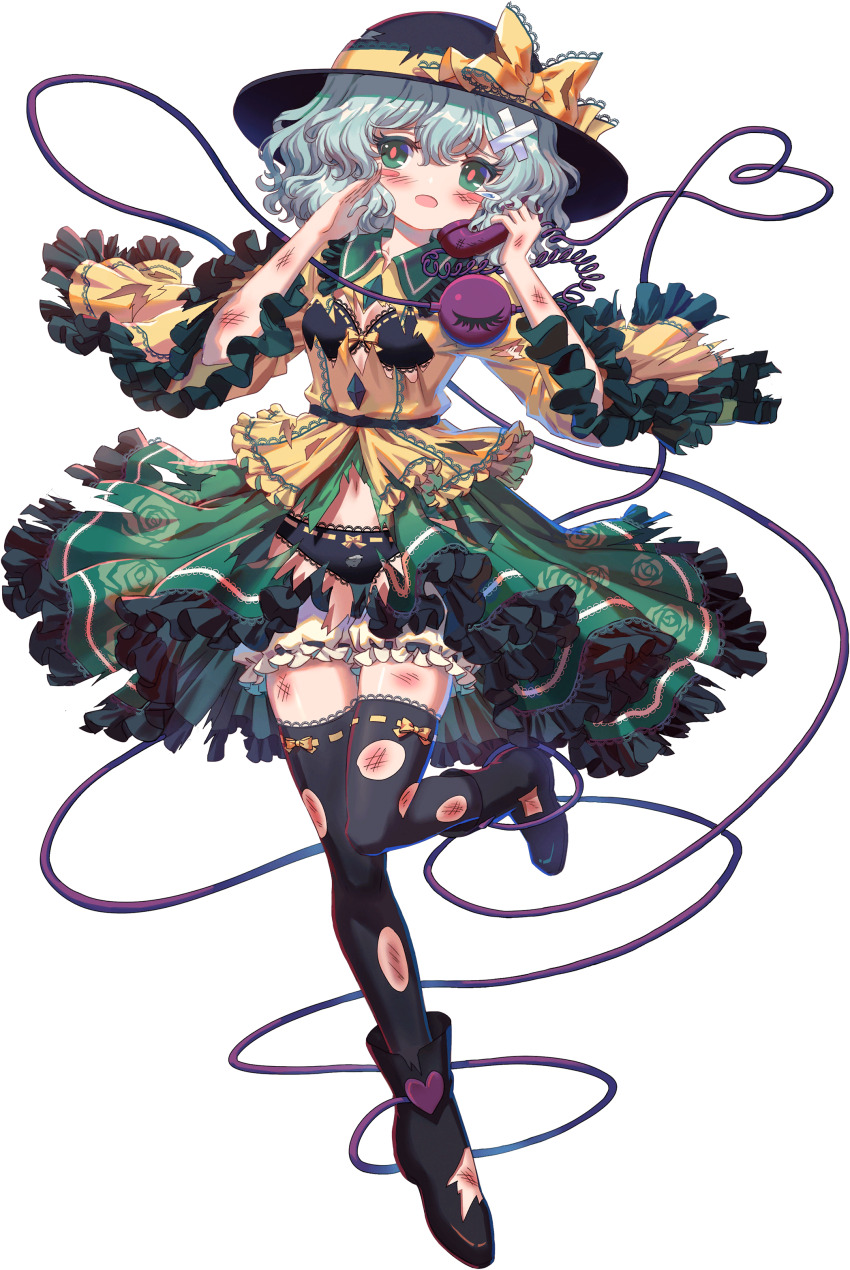 1girl absurdres black_bra black_footwear black_hat black_panties black_thighhighs bloomers bra buttons collar crossed_bandaids diamond_(shape) diamond_button floral_print frilled_sleeves frills game_cg green_collar green_eyes green_hair green_skirt hat hat_ribbon heart highres holding holding_phone injury komeiji_koishi kumio navel non-web_source panties phone ribbon rock rock_print shirt skirt solo tachi-e teardrop thighhighs third_eye torn_boots torn_clothes torn_footwear torn_hat torn_shirt torn_skirt torn_thighhighs touhou touhou_blooming_chaos underwear white_bloomers wide_sleeves yellow_ribbon yellow_shirt zettai_ryouiki