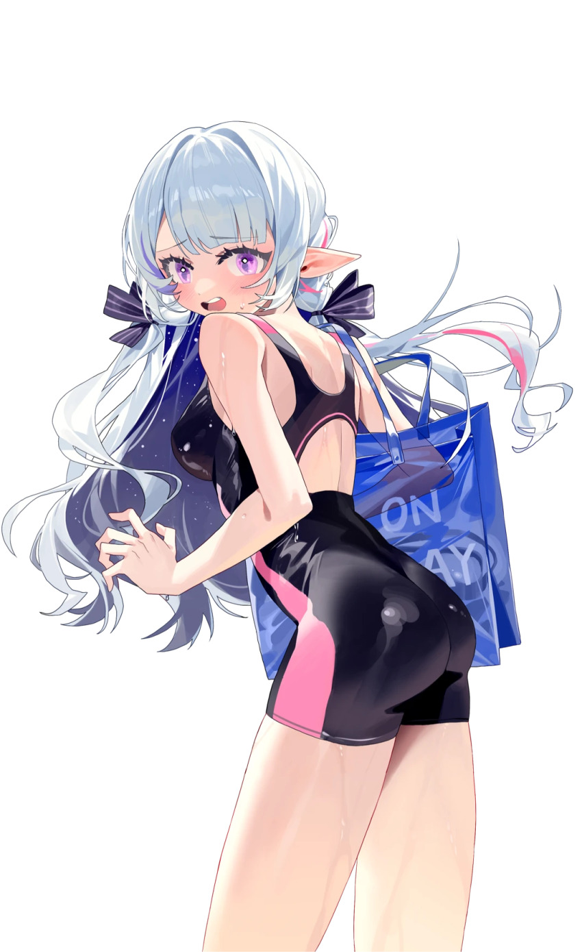 1girl :o ass bag bare_arms bare_shoulders black_one-piece_swimsuit blue_bag blue_bow blue_hair bow breasts colored_inner_hair commission cowboy_shot dark_blue_hair embarrassed from_side furrowed_brow hair_bow highres long_hair medium_breasts multicolored_hair nijisanji omurice_(304975636) one-piece_swimsuit open_mouth pink_hair pointy_ears purple_eyes rhea_(virtuareal) second-party_source shoulder_bag solo streaked_hair swimsuit teeth transparent_background turning_head upper_teeth_only virtual_youtuber virtuareal water_drop wet wet_face white_hair
