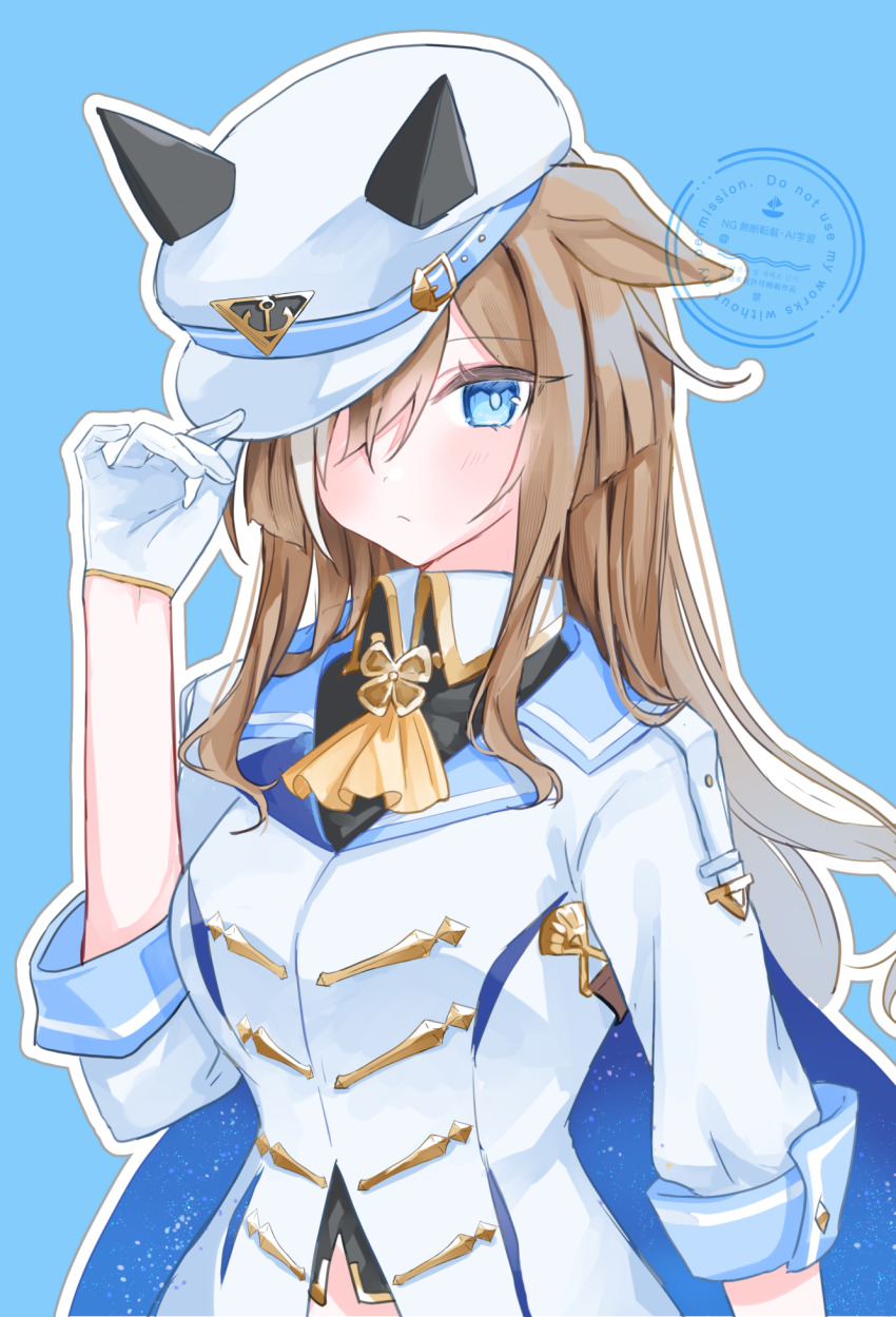 1girl alternate_hair_length alternate_hairstyle animal_ears black_shirt blue_background blue_cape blue_eyes breasts brown_hair cape cheval_grand_(umamusume) collared_shirt commentary_request ears_through_headwear english_text gloves hair_over_one_eye hand_on_headwear hand_up hat highres horse_ears jacket long_hair long_sleeves looking_at_viewer medium_breasts moko_(mokochisa) multicolored_hair outline peaked_cap shirt simple_background solo streaked_hair umamusume upper_body very_long_hair watermark white_gloves white_hair white_hat white_jacket white_outline