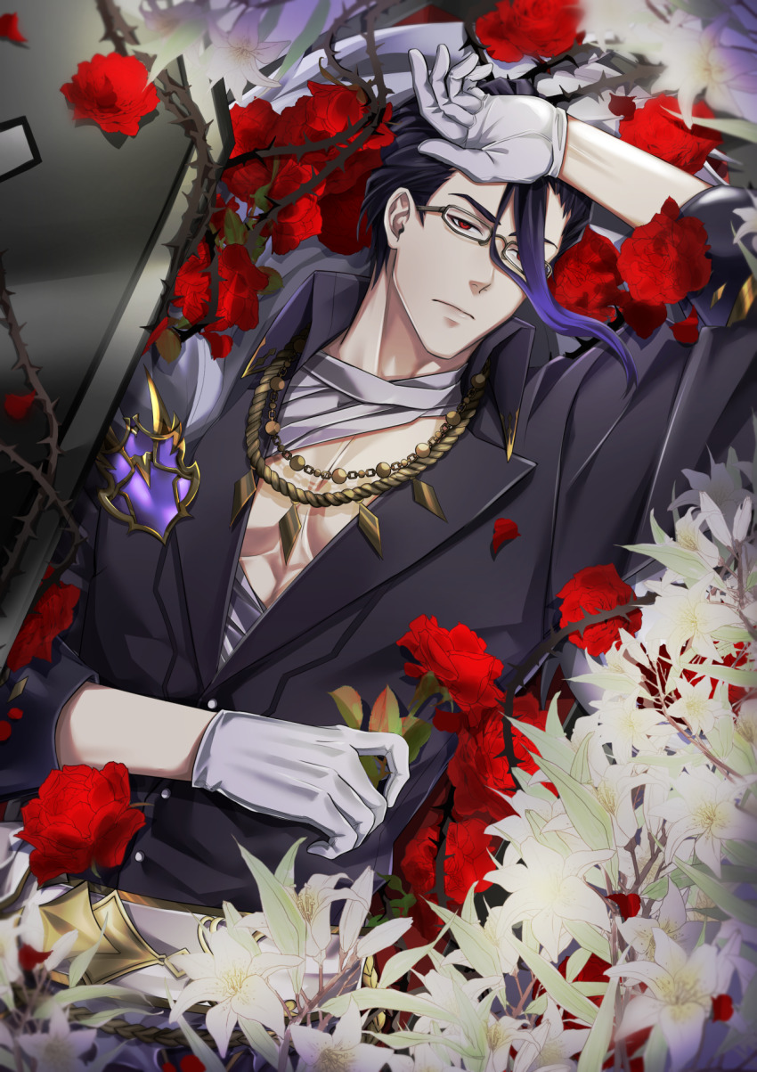 1boy bandaged_neck bandaged_torso bandages black_hair brown-framed_eyewear closed_mouth coffin collared_shirt commission flower glasses gloves hair_between_eyes hair_slicked_back hameln_(sinoalice) hand_on_own_forehead highres holding holding_flower jewelry looking_at_viewer lying male_focus multicolored_hair necklace on_back pectorals petals plant purple_hair red_eyes red_flower red_rose rose second-party_source serious shirt sinoalice solo sora_jiro thorns two-tone_hair vines white_flower white_gloves