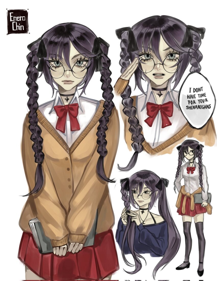 1girl adjusting_eyewear alternate_costume alternate_hairstyle aqua_eyes artist_name bespectacled black_bow black_choker black_mouth black_shoes black_thighhighs blunt_bangs book bow braid brown_cardigan brown_sleeves cardigan cardigan_around_waist choker closed_mouth clothes_around_waist collared_shirt contemporary cropped_torso enerochinarts eyelashes genshin_impact glasses hair_between_eyes hair_bow half-closed_eyes hand_on_eyewear hand_up highres holding holding_book long_braid long_eyelashes long_hair long_sleeves looking_at_viewer looking_to_the_side mona_(genshin_impact) multiple_views no_mouth open_mouth parted_bangs pink_lips pleated_skirt puffy_sleeves purple_shirt purple_sleeves red_bow red_skirt rimless_eyewear round_eyewear school_uniform shirt shoes sidelocks skirt sleeves_past_wrists smile solo spaghetti_strap star_(symbol) star_choker sweatdrop teeth thighhighs tsurime twin_braids tying_hair white_shirt