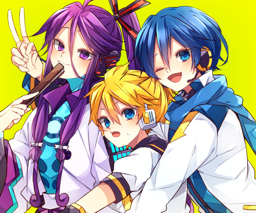 3boys armor blonde_hair blue_bodysuit blue_eyes blue_hair blue_scarf bodysuit coat collared_shirt commentary_request fan_to_mouth folded_fan folding_fan group_hug hair_ornament hair_stick hand_fan headphones highres holding holding_fan holding_hands hug hug_from_behind japanese_clothes kagamine_len kaho_0102 kaito_(vocaloid) kamui_gakupo long_hair looking_at_viewer male_focus multiple_boys one_eye_closed open_mouth ponytail purple_eyes purple_hair robe sailor_collar scarf school_uniform shirt short_sleeves shoulder_armor smile sweat upper_body v v-shaped_eyebrows vocaloid white_coat white_robe white_shirt yellow_background