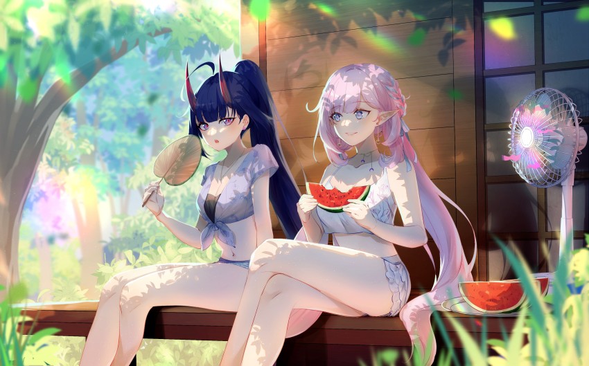 2girls absurdres ahoge bare_arms bare_shoulders blue_eyes blue_hair blue_shorts blurry blurry_background blurry_foreground braid breasts cleavage collarbone commentary crossed_legs day depth_of_field electric_fan elysia_(honkai_impact) english_commentary feet_out_of_frame food front-tie_top fruit high_ponytail highres holding holding_food honkai_(series) honkai_impact_3rd horns long_hair medium_breasts meuwzza_(me_zwa) multiple_girls official_art outdoors pink_hair ponytail purple_eyes raiden_mei second-party_source shirt shorts tied_shirt tree veranda very_long_hair watermelon watermelon_slice white_shorts