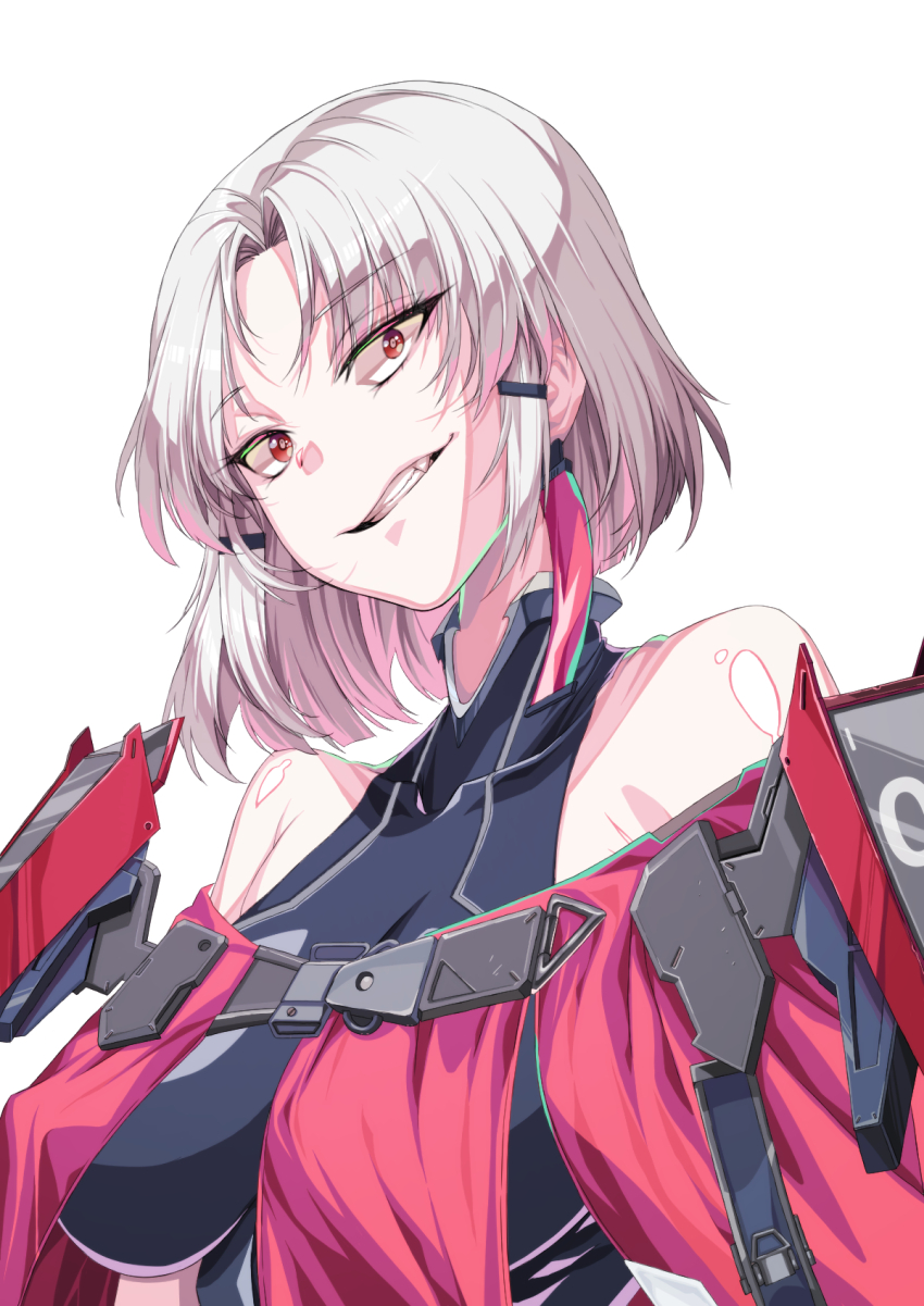 1girl armor bare_shoulders black_leotard bodysuit breasts drake_(nikke) earrings gloves goddess_of_victory:_nikke hair_ornament highres jewelry leotard looking_at_viewer rantia red_eyes short_hair sidelocks smile solo white_hair