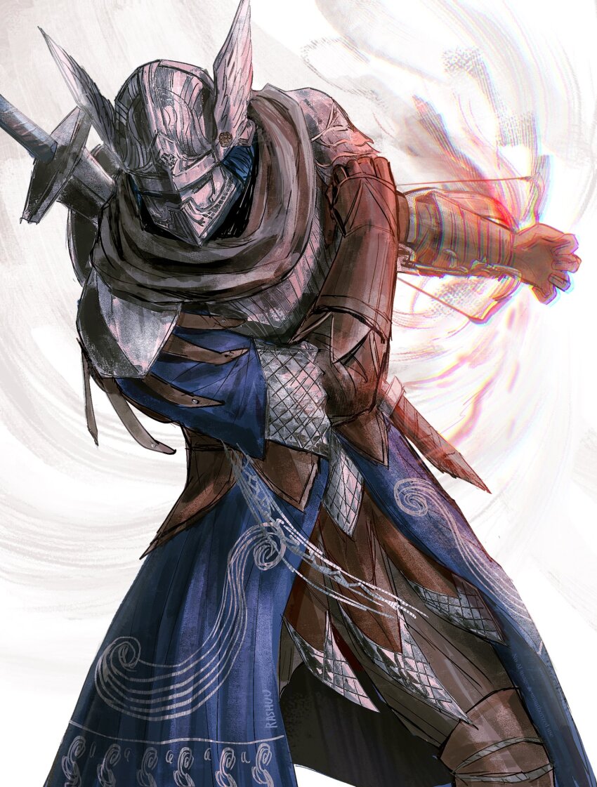 1other armor brown_gloves commentary elden_ring elden_ring_nightreign english_commentary gloves helmet highres holding holding_weapon rashuu scale_armor standing sword sword_on_back weapon weapon_on_back winged_helmet wylder_(elden_ring)