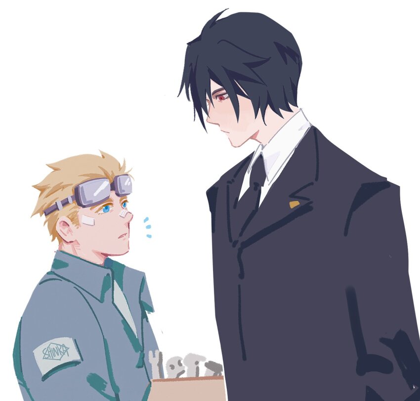 2boys aged_down bandaid bandaid_on_cheek bandaid_on_face bandaid_on_nose batphone1939 black_hair black_jacket black_necktie black_suit blonde_hair blue_eyes blue_shirt cid_highwind collared_shirt final_fantasy final_fantasy_vii formal_clothes goggles goggles_on_head height_difference highres jacket looking_at_another male_focus multiple_boys necktie red_eyes shirt short_hair suit turks_(ff7) upper_body vincent_valentine white_background white_shirt