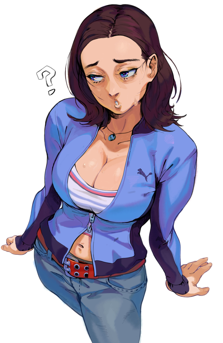 1girl ? absurdres belt blue_eyes breasts brown_hair cleavage denim final_destination_(movie) highres jacket jeans jewelry kimberly_corman navel necklace pants relusionh solo solo_focus warner_bros. white_background
