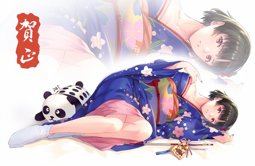 1girl absurdres arrow_(projectile) black_hair braid closed_mouth crown_braid da-cart eyelashes hamaya hand_on_own_shoulder highres holding_sleeve japanese_clothes kimono leaning_to_the_side long_sleeves looking_at_viewer niijima_makoto persona persona_5 red_eyes short_hair solo stuffed_animal stuffed_panda stuffed_toy tabi tagme