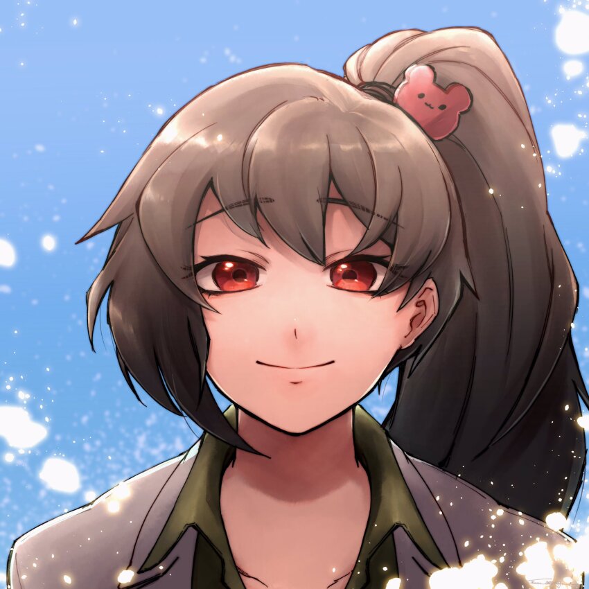 1girl bear_hair_ornament blue_sky brown_hair carmen_(project_moon) closed_mouth coat collared_shirt green_shirt hair_ornament highres lab_coat lobotomy_corporation long_hair looking_at_viewer ponytail portrait project_moon red_eyes shirt sky smile solo white_coat yatsumeunagi
