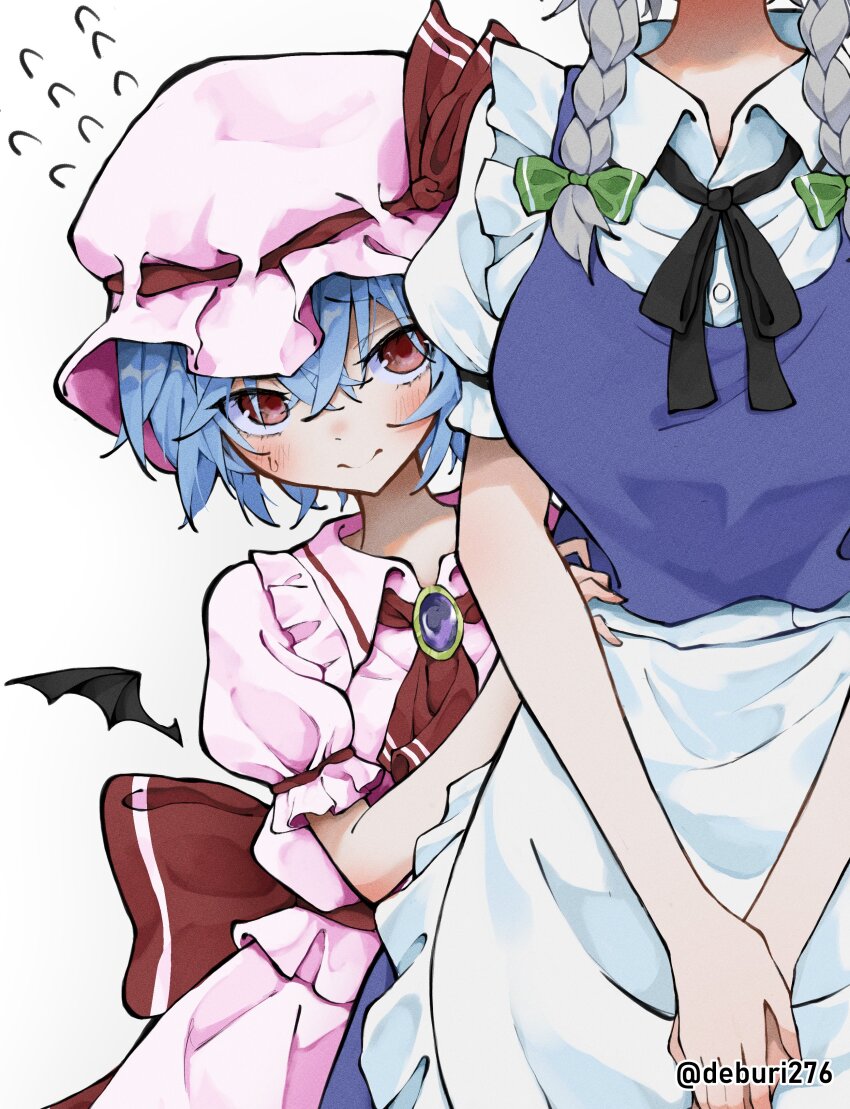 2girls absurdres apron ascot bat_wings blue_hair blush bow braid breasts brooch collared_shirt deburi276 frilled_shirt_collar frills green_bow grey_hair hair_bow hat hat_ribbon head_out_of_frame hiding hiding_behind_another highres izayoi_sakuya jewelry maid maid_apron maid_headdress medium_breasts mob_cap multiple_girls puffy_short_sleeves puffy_sleeves red_ascot red_bow red_eyes red_ribbon remilia_scarlet ribbon shirt short_hair short_sleeves simple_background skirt skirt_set sweat sweatdrop touhou twin_braids twitter_username waist_apron white_background wings