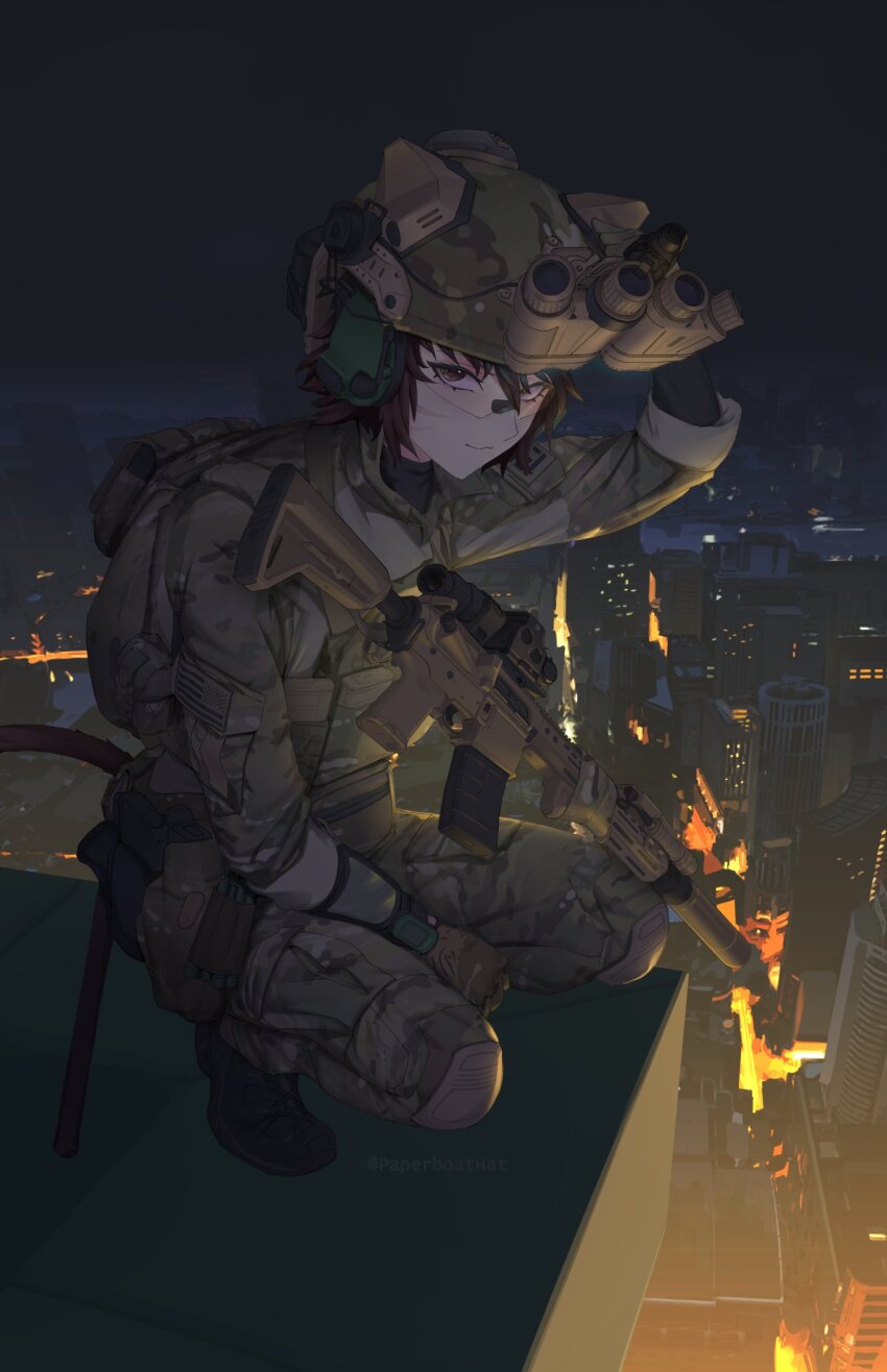 1girl american_flag animal_ears assault_rifle brown_eyes brown_hair camouflage camouflage_gloves cat_ears cat_girl cat_tail combat_helmet ear_protection eyes_visible_through_eyewear face_shield facial_mark gloves gun headset helmet highres holding holding_weapon jacket looking_at_viewer noveske_rifleworks on_roof optical_sight original outdoors paperboathat pouch rifle rooftop short_hair sleeves_rolled_up soldier solo solo_focus tactical_clothes tail weapon whisker_markings