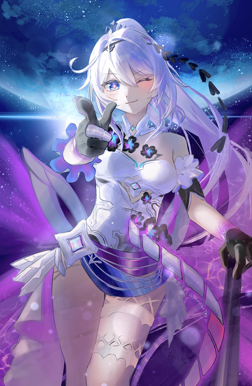 1girl absurdres aiming aiming_at_viewer baseball_bat black_gloves blue_eyes commentary dress duoyun_de_tiankong feet_out_of_frame finger_gun gloves hand_on_weapon high_ponytail highres honkai_(series) honkai_impact_3rd kiana_kaslana kiana_kaslana_(herrscher_of_finality) long_hair ponytail solo space star_(sky) very_long_hair white_dress white_hair