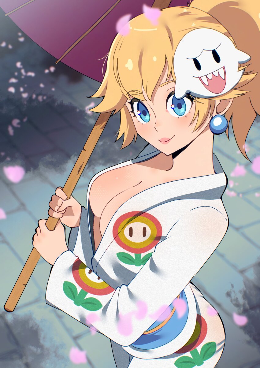 1girl absurdres blonde_hair blue_eyes blush boo_(mario) breasts cleavage closed_mouth commentary earrings english_commentary fire_flower gjh highres holding holding_umbrella japanese_clothes jewelry kimono large_breasts long_hair looking_at_viewer mario_(series) mask mask_on_head nintendo ponytail princess_peach princess_peach_(yukata)_(super_mario_odyssey) print_kimono smile solo sphere_earrings umbrella white_kimono