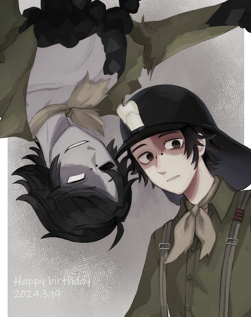1boy absurdres black_hat brown_eyes brown_neckerchief candle colored_skin dated empty_eyes grey_background grey_skin happy_birthday hat highres identity_v liver_spots mole mole_on_nose multiple_views neckerchief norton_campbell tsuki_idv upside-down zombie