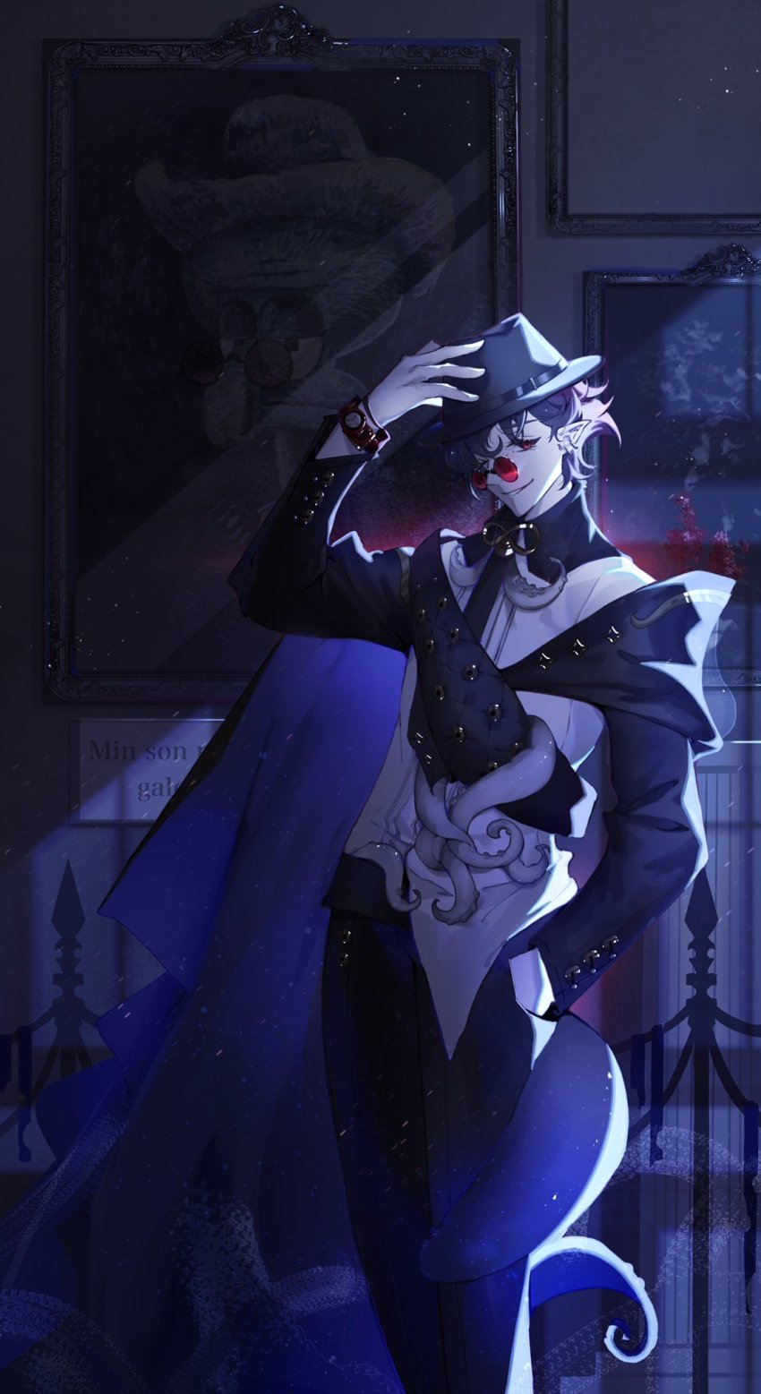 1boy alchemy_stars arm_up black_hair black_headwear black_pantyhose capelet collared_shirt commentary_request ear_piercing feet_out_of_frame glasses gradient_hair hand_in_pocket hand_on_headwear highres indoors jyisheng kleken_(alchemy_stars) long_sleeves looking_at_viewer male_focus multicolored_hair night painting_(object) pantyhose parted_lips piercing pince-nez pointy_ears red-tinted_eyewear red_eyes sash shirt short_sleeves shoulder_sash smile solo spongebob_squarepants_(series) squidward_tentacles standing tentacles tinted_eyewear trilby watch white_shirt wristwatch