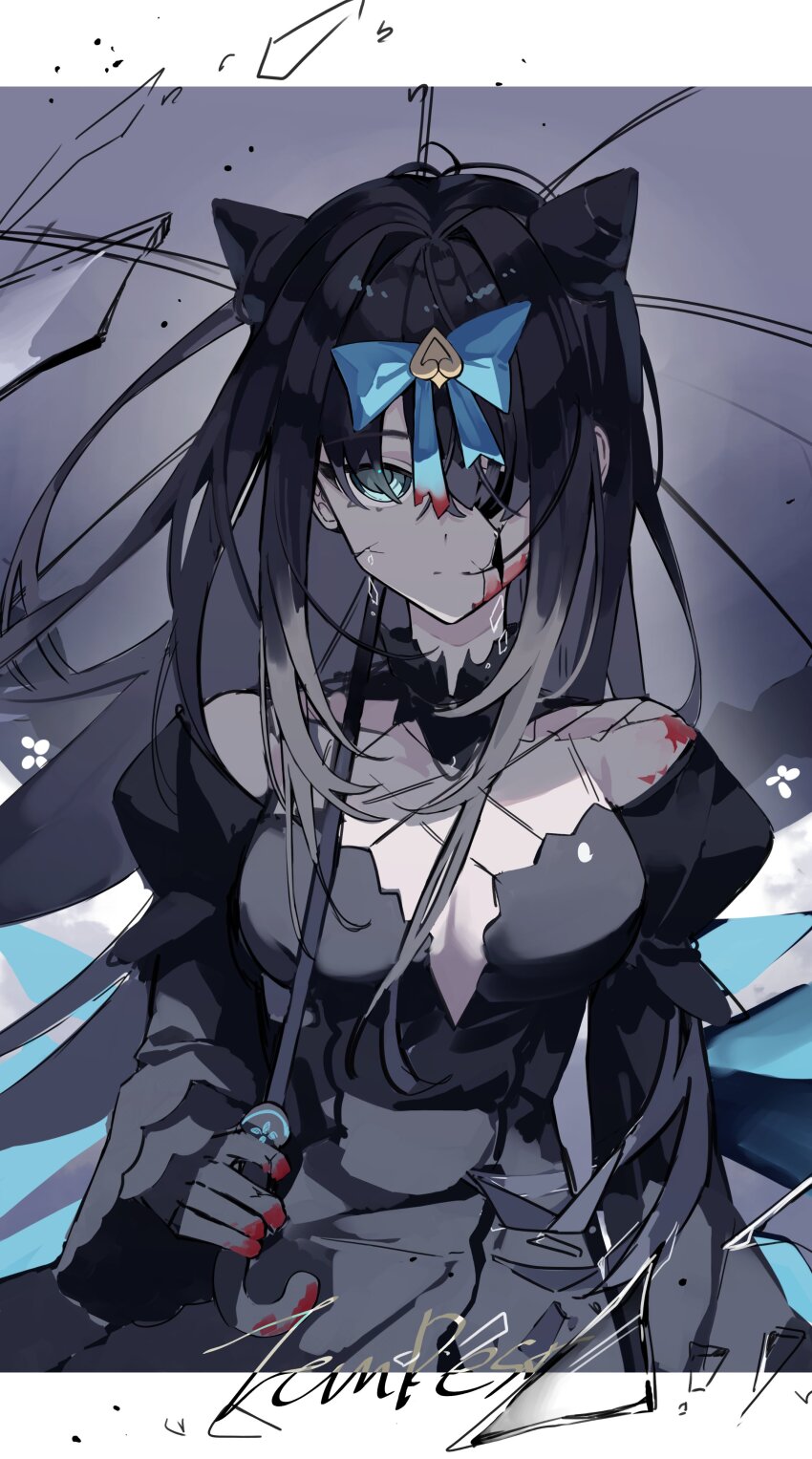 1girl absurdres arcaea black_hair blood blood_on_clothes blood_on_face blood_on_hands blue_bow blue_eyes bow breasts collarbone cone_hair_bun dress flower gloves hair_bow hair_bun hair_ornament highres long_hair miyu_(miy_u1308) solo tairitsu_(arcaea) tairitsu_(tempest)_(arcaea) umbrella