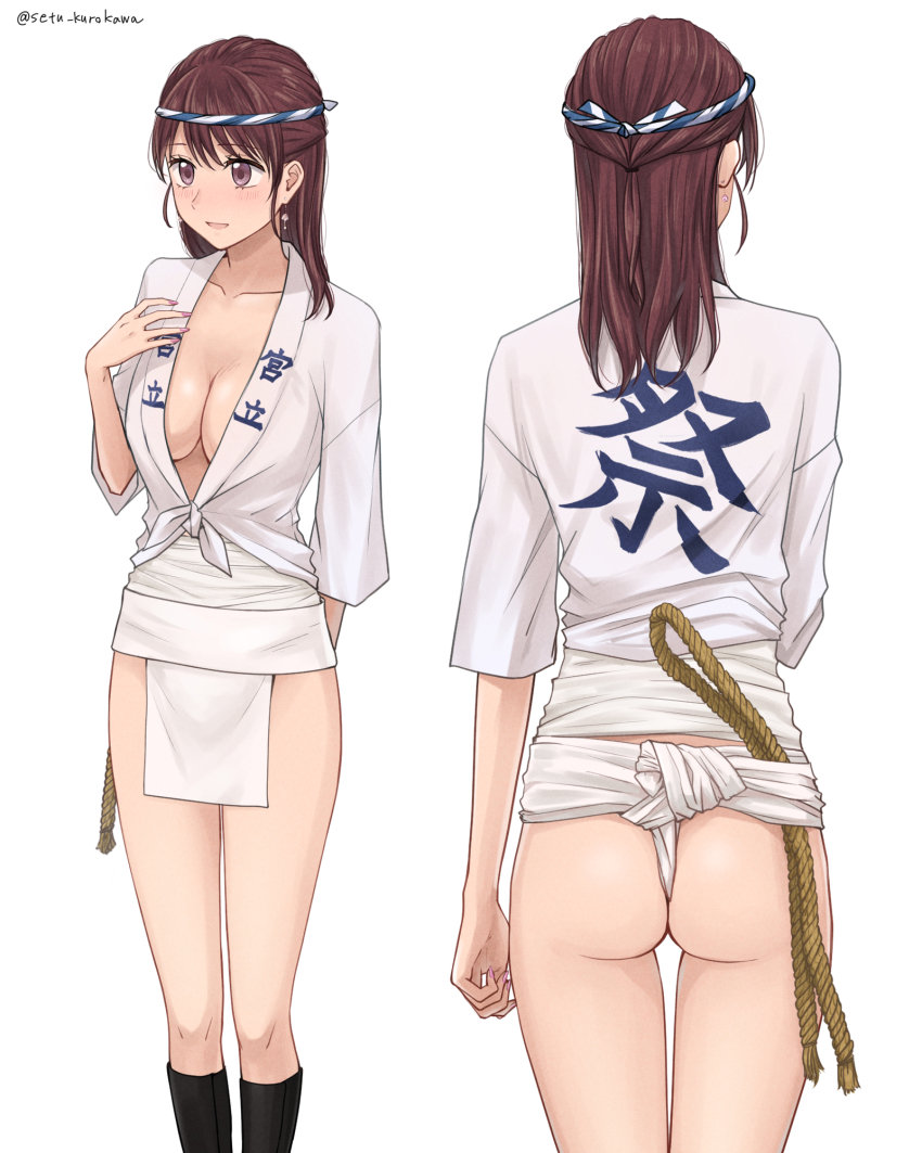 1girl artist_name ass black_socks breasts brown_eyes brown_hair cleavage collarbone commentary_request commission from_behind fundoshi highres japanese_clothes kneehighs medium_breasts medium_hair mizu_happi original pixiv_commission setu_kurokawa simple_background socks standing twitter_username watermark white_background