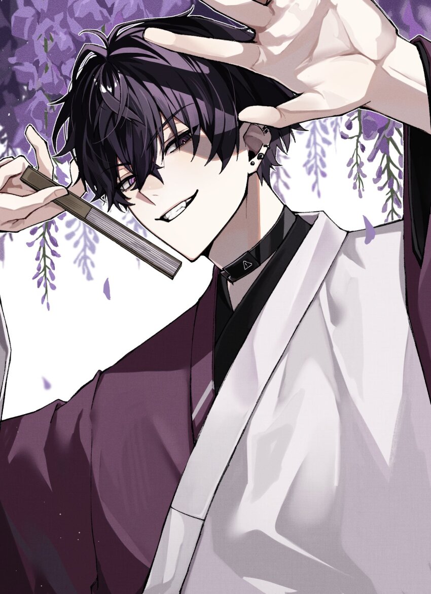 1boy antenna_hair black_choker black_hair choker crossed_bangs ear_piercing earrings fangs flower folded_fan folding_fan grin hair_between_eyes hand_fan hands_up hashtag-only_commentary highres holding holding_fan japanese_clothes jewelry kimono lie_nnn long_sleeves looking_at_viewer male_focus nijisanji petals piercing purple_eyes purple_flower purple_kimono saiki_ittetsu short_hair smile solo stud_earrings teeth two-tone_kimono upper_body v-shaped_eyebrows virtual_youtuber white_kimono wide_sleeves wisteria