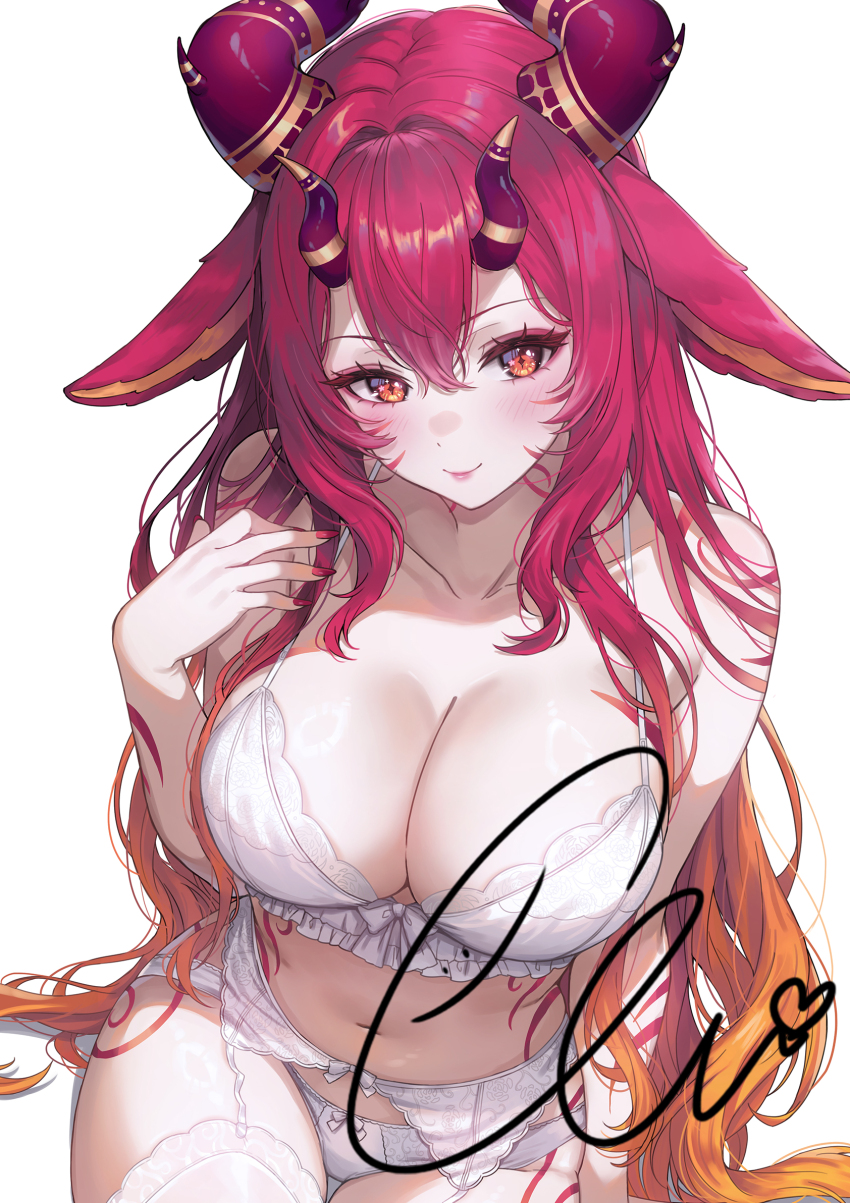 1girl animal_ears bare_shoulders bra breasts cleavage commentary commission demon_horns ella_7737 english_commentary eyeshadow facial_mark frilled_bra frills garter_belt gradient_hair highres horns large_breasts lingerie long_hair looking_at_viewer makeup multicolored_hair nail_polish navel orange_hair original panties red_eyes red_hair red_nails smile solo spaghetti_strap stomach thighhighs two-tone_hair underwear very_long_hair vgen_commission white_bra white_panties white_thighhighs