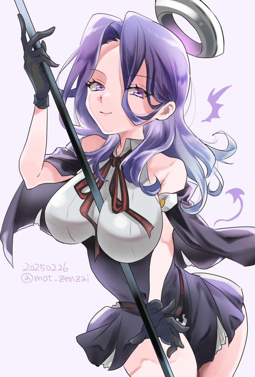 1girl black_capelet black_gloves breasts capelet commentary dated glaive_(polearm) gloves hair_between_eyes hair_intakes halo headgear high-waist_skirt highres kantai_collection large_breasts looking_at_viewer mechanical_halo medium_breasts mot_zenzai polearm purple_eyes purple_hair shirt simple_background skirt sleeveless sleeveless_shirt solo tatsuta_(kancolle) tatsuta_kai_ni_(kancolle) twitter_username weapon