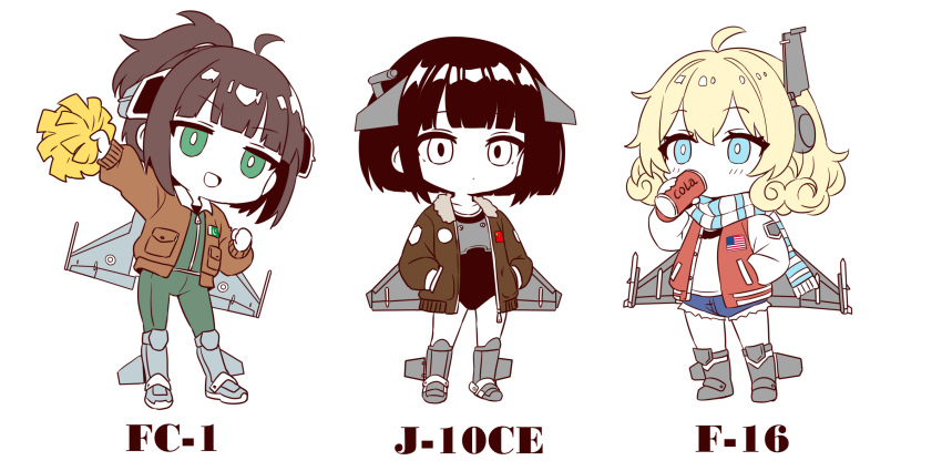 3girls aircraft airplane american_flag black_eyes black_hair blonde_hair blue_eyes bottle brown_hair can chengdu_j-10 cola curly_hair denim denim_shorts drink_can f-16_fighting_falcon green_eyes high_ponytail highres holding holding_bottle horns jacket jf-17_thunder mechanical_horns mechanical_wings multiple_girls open_clothes open_jacket original pakistan_air_force pakistani_flag people&#039;s_republic_of_china_flag personification pom_pom_(cheerleading) ponytail scarf shorts striped_clothes striped_scarf wings wucandan_de_gangtanke