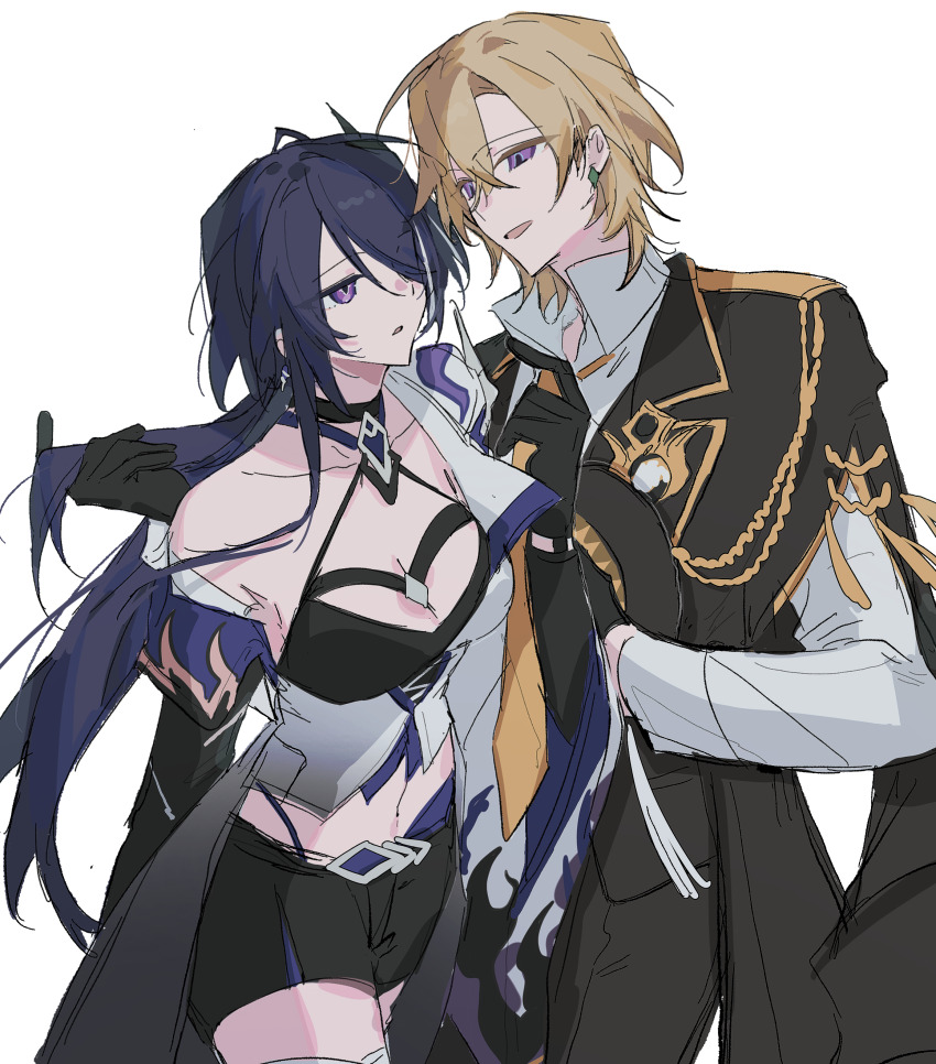 1boy 1girl absurdres acheron_(honkai:_star_rail) alternate_costume aventurine_(honkai:_star_rail) bare_shoulders black_choker black_gloves black_pants black_shorts black_suit blonde_hair breasts choker cleavage collarbone collared_shirt couple crop_top detached_sleeves ear_piercing formal_clothes friends gloves hair_between_eyes hair_over_one_eye hetero highres holding_another&#039;s_hair honkai:_star_rail honkai_(series) japanese_clothes large_breasts leaning_on_person leaning_to_the_side long_hair long_sleeves looking_at_another looking_to_the_side looking_up multicolored_hair navel open_mouth pants piercing purple_eyes purple_hair shade shirt short_hair shorts simple_background star_(symbol) stomach streaked_hair suit tokyu_(specialsetsweet) upper_body wavy_hair white_background white_hair