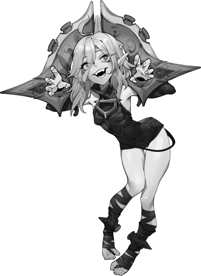 1girl absurdres bdsm belt bondage bound breasts briar_(league_of_legends) chen_zi full_body greyscale hair_between_eyes highres league_of_legends long_hair looking_at_viewer monochrome pointy_ears sharp_teeth sidelocks simple_background small_breasts smile solo stirrup_legwear teeth toeless_footwear toeless_legwear toenails toes vampire wrist_cuffs