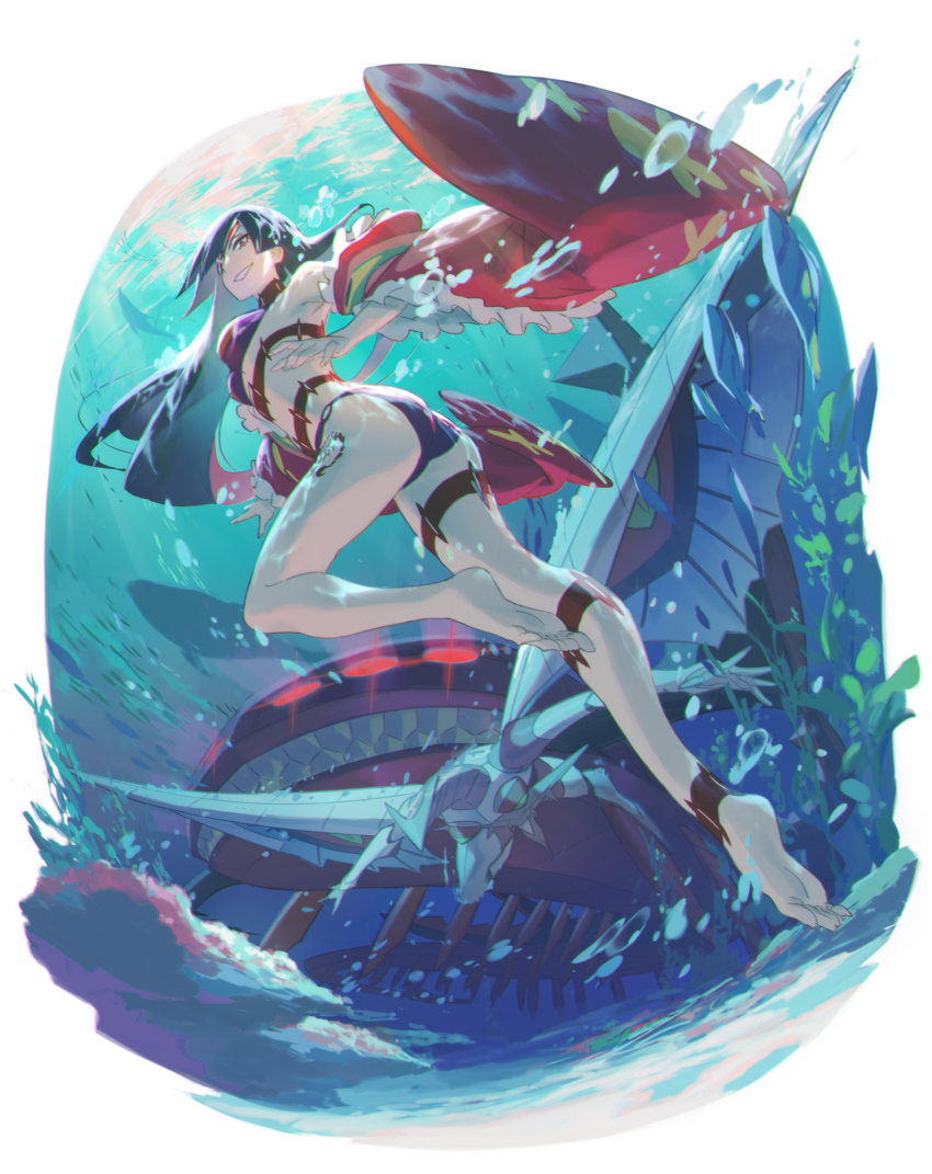 1girl adiane ass barefoot bikini blue_hair breasts choker cleavage eyepatch feet full_body highres knee_up large_breasts leg_tattoo legs long_hair looking_at_viewer misossu red_eyes smile soles solo swimsuit tattoo tengen_toppa_gurren_lagann toes underwater