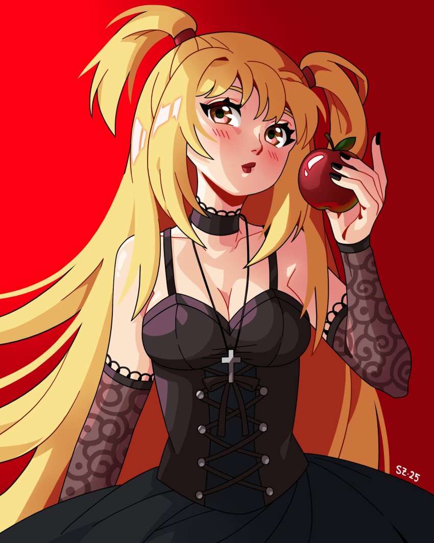 1girl absurdres amane_misa apple bare_shoulders black_choker black_dress black_nails blonde_hair blush breasts brown_eyes choker cleavage collarbone commentary cross cross_necklace death_note detached_sleeves dress english_commentary food fruit goth_fashion highres holding holding_food holding_fruit jewelry lace-trimmed_choker lace-trimmed_sleeves lace_trim long_hair looking_at_viewer medium_breasts necklace red_background red_lips solo spaghetti_strap sylvenpsd two_side_up